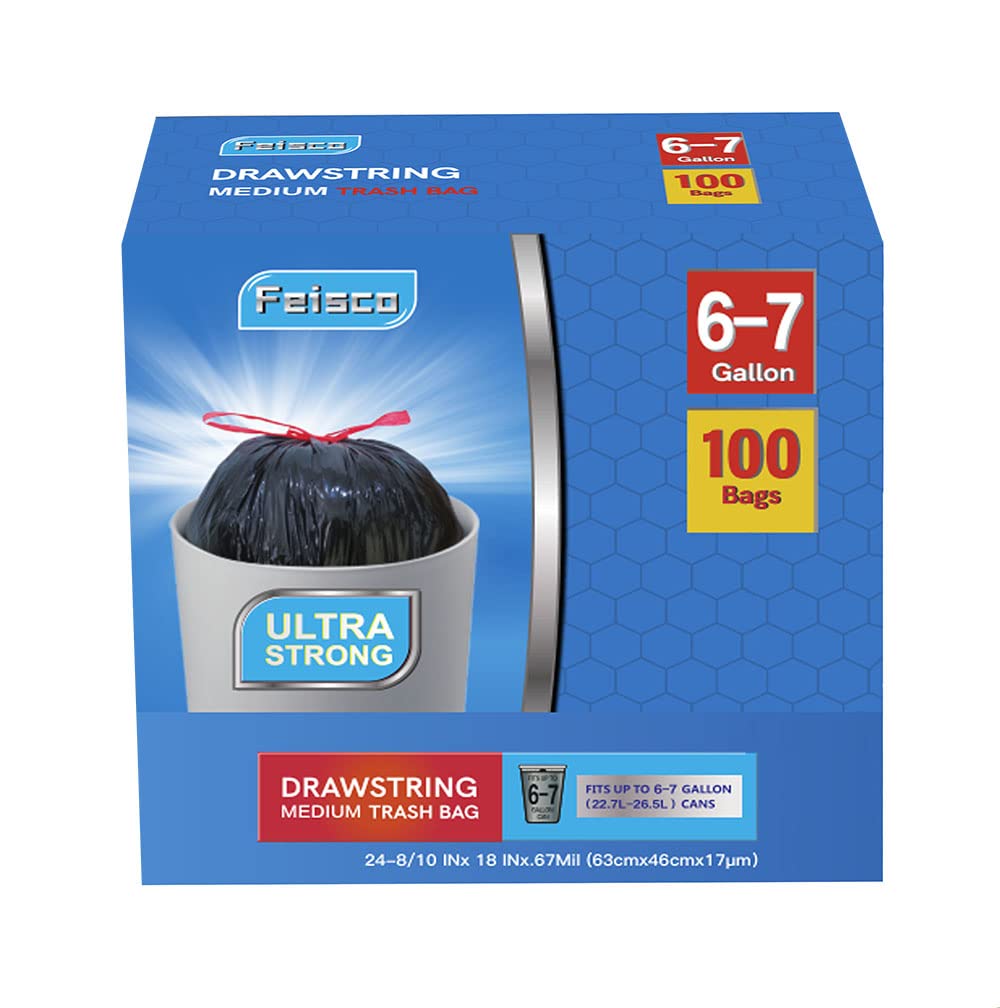 Feisco 6-7 Gallon Black Drawstring Trash Bags - Medium Garbage Can Liners (100 Count, 0.67 Mil Thick) - Perfect for Kitchen, Bathroom & Office Waste Disposal