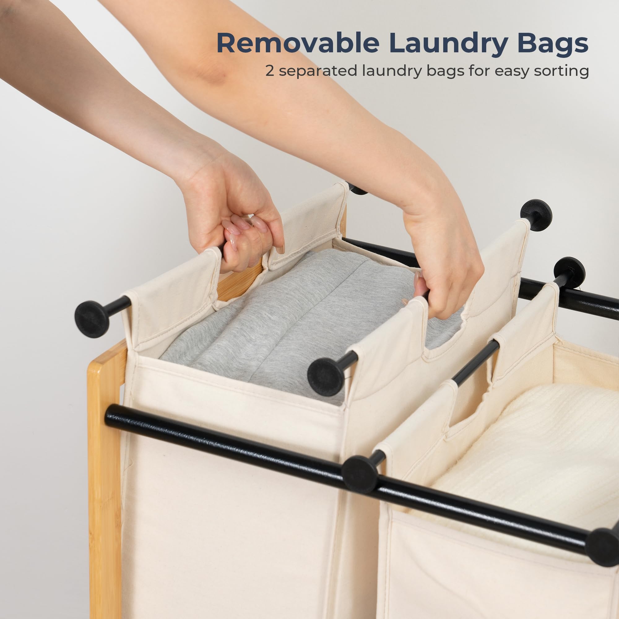 STO 2-Section Bamboo Frame Laundry Sorter with Lockable Wheels - Removable Bag Rolling Laundry Hamper Cart for Clothes Storage - Perfect for Laundry Room, Bedroom & Dorm Organization (Beige)