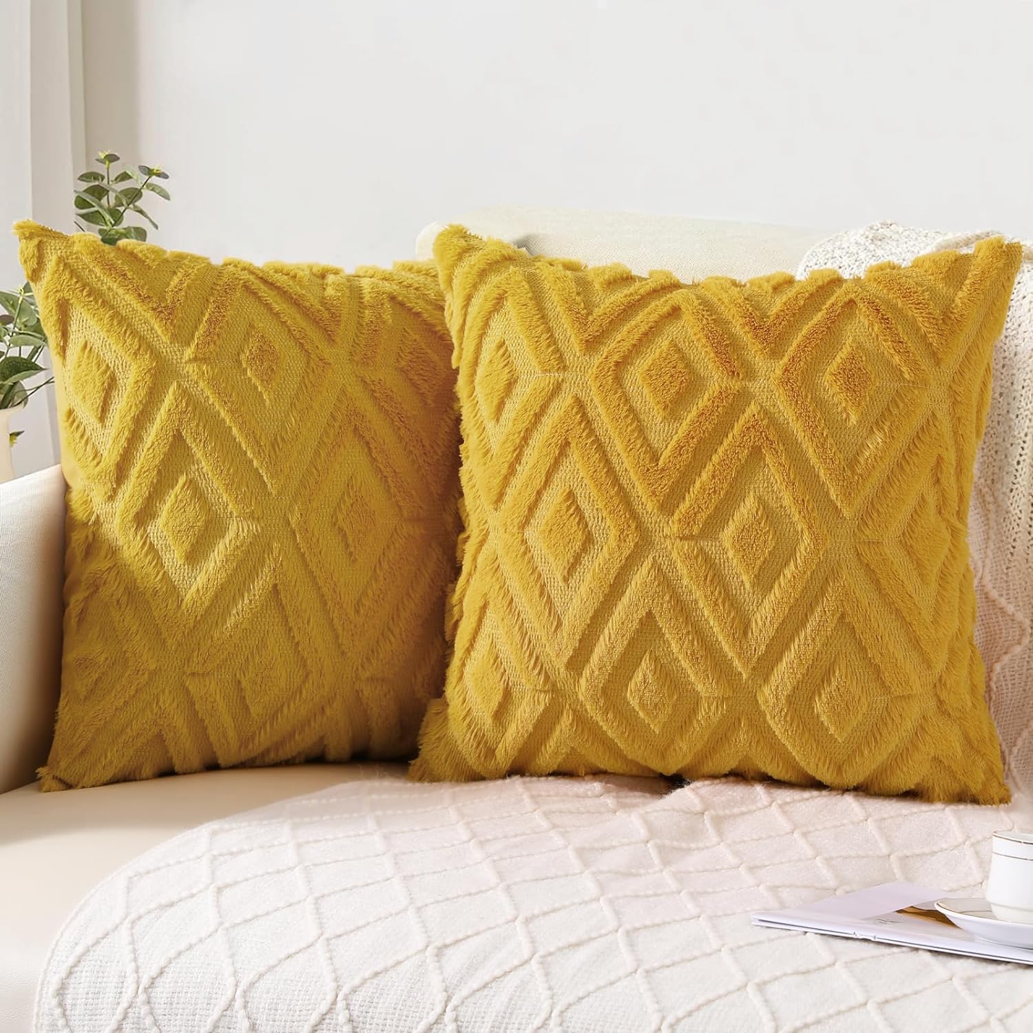 Pallene Soft Faux Fur Throw Pillow Covers 16x16 Set of 2 - Plush Wool Decorative Couch Pillow Covers for Sofa, Bed, Living Room - 3D Diamond Pattern - Mustard Yellow - Perfect for Home Decor, Cozy Winter Nights & Gift Giving