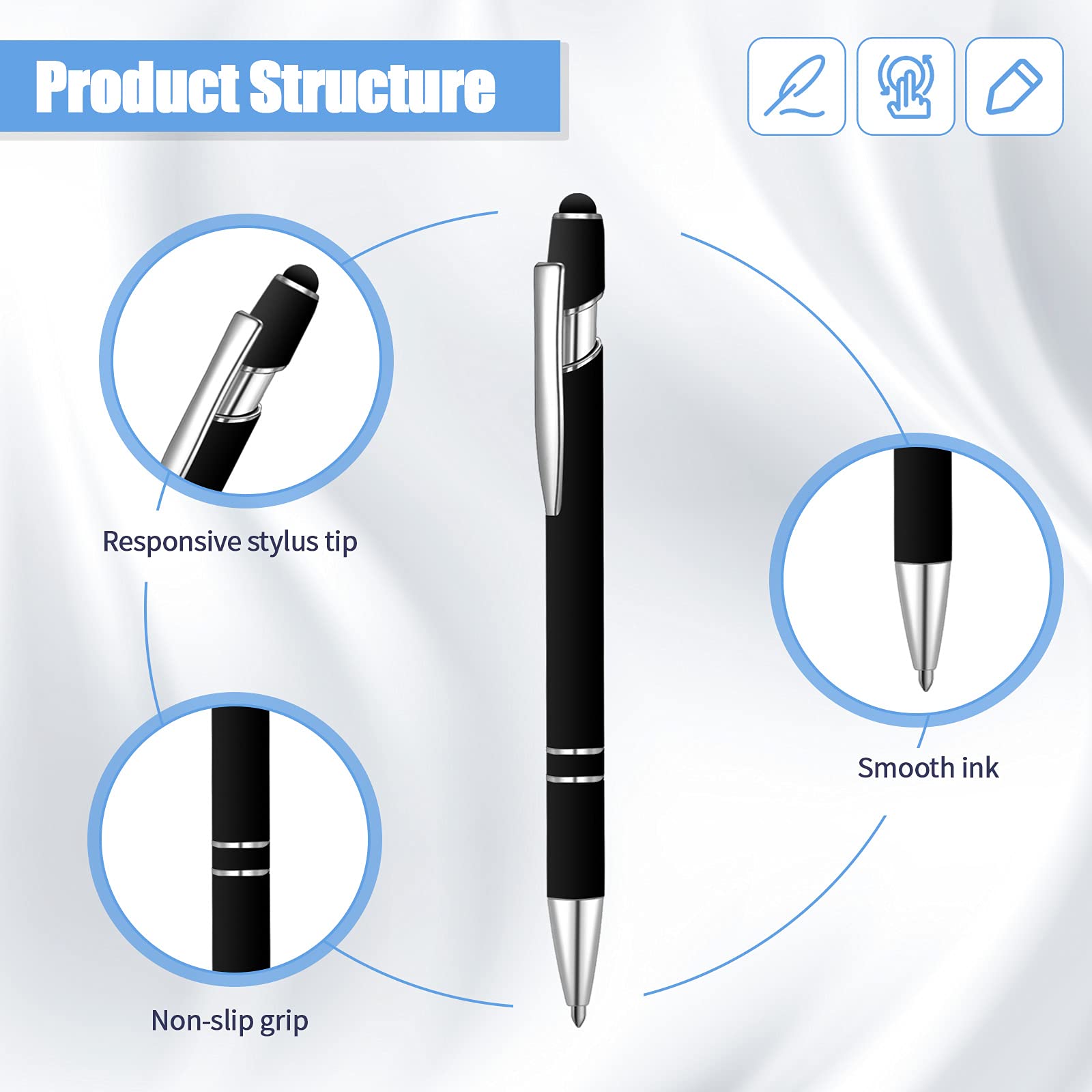 8-Pack Stylus Ballpoint Pens - 2-in-1 Touch Screen Pen & Smooth Writing 1.0mm Medium Point - Black Ink Metal Tip for Tablets, iPads, Smartphones - Perfect for Note-Taking, Drawing & Digital Signatures (Black)