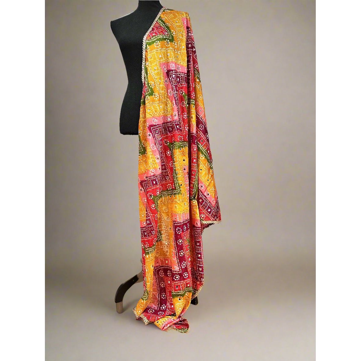 Phulkari Style Bandhini Print Dupatta Scarf - Traditional Indian Embroidered Shawl for Women - Perfect for Weddings, Parties & Ethnic Outfits