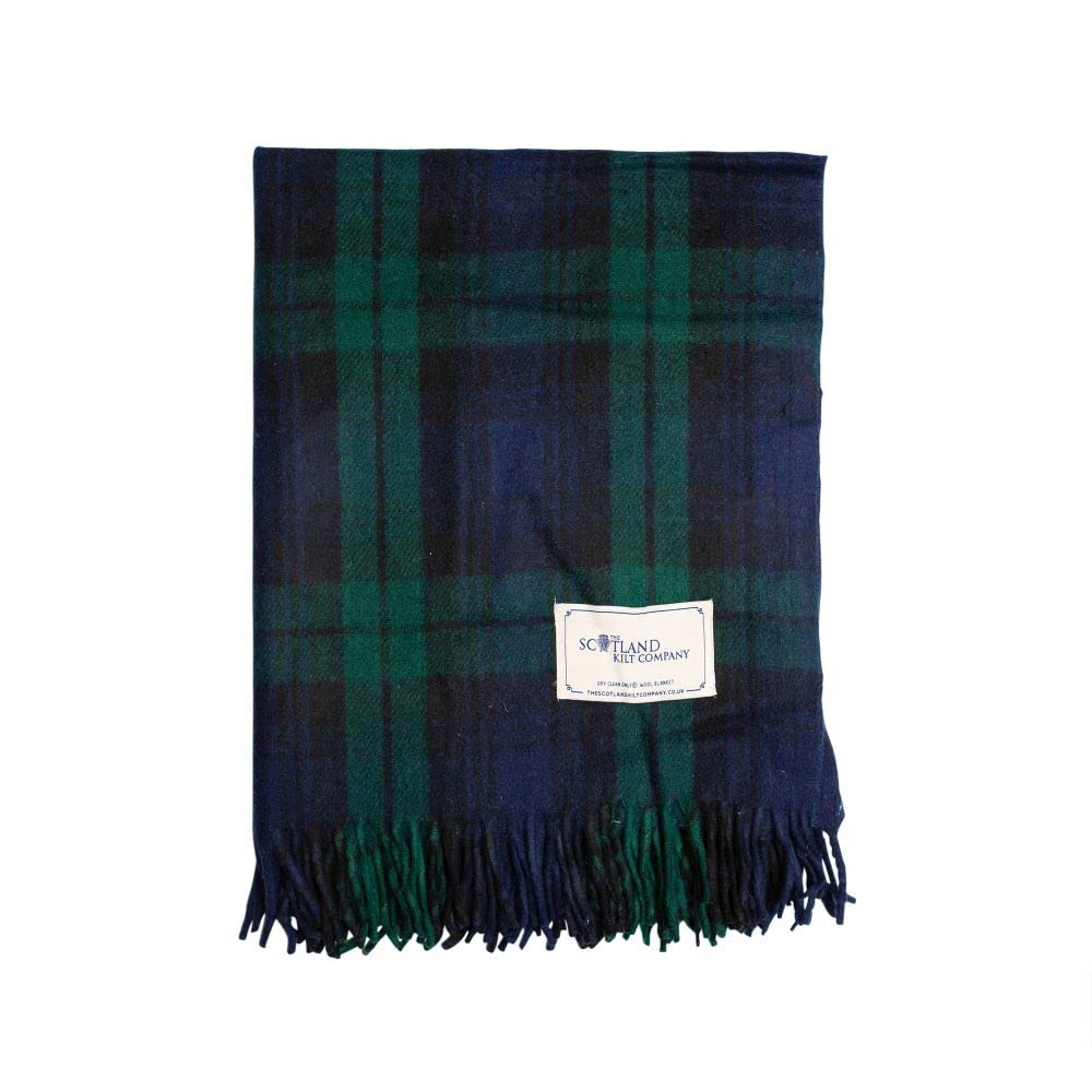 Premium Tartan Wool Travel Blanket - Black Watch Plaid, Lightweight & Soft, Fringed Edges, Machine Washable - Perfect for Airplanes, Camping, and Home Decor
