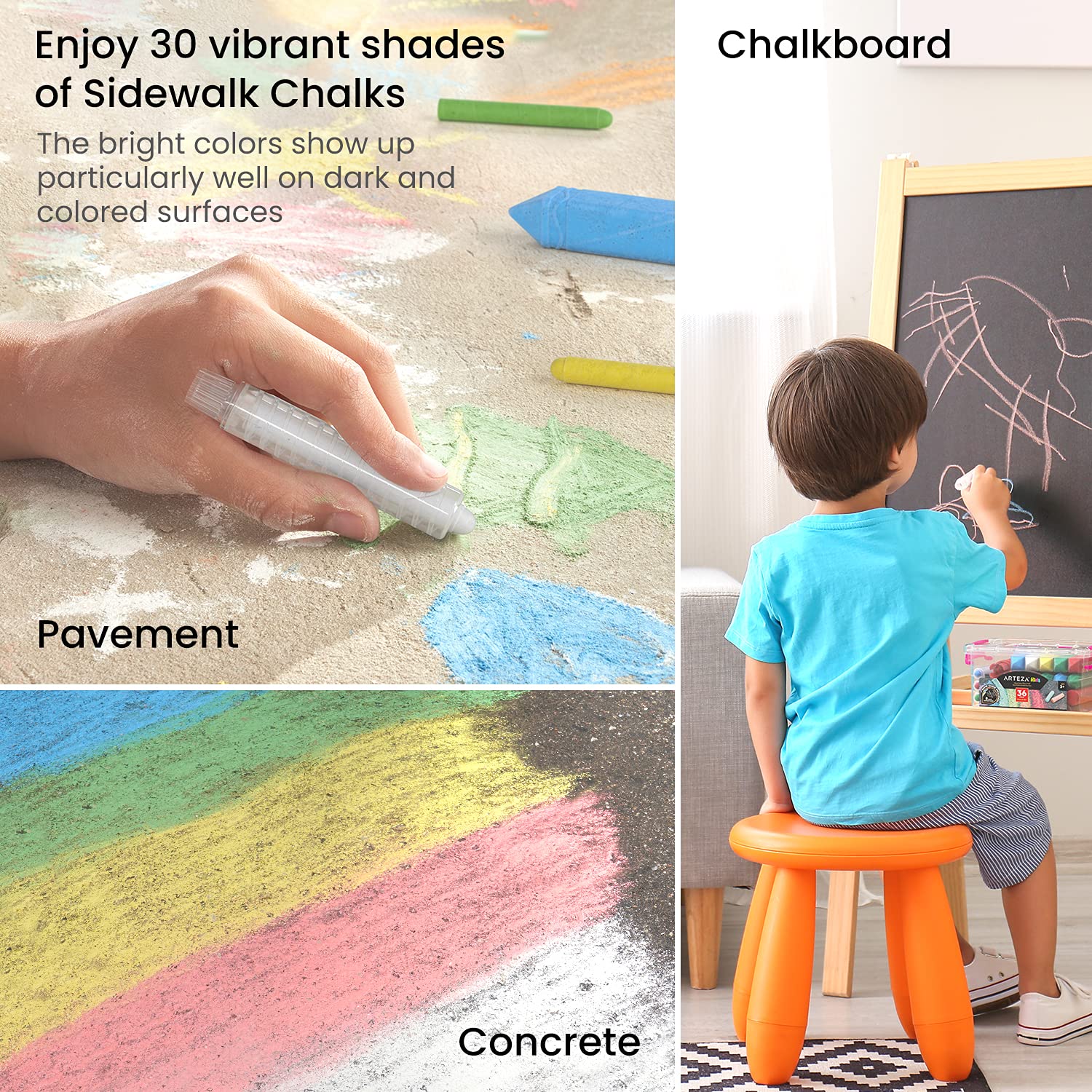 Arteza 36-Piece Kids Sidewalk Chalk Set - Non-Toxic, Washable & Easy-Grip Chalk for Outdoor Play with Fun Game Guide - Perfect for Driveway Art, Hopscotch & Summer Activities