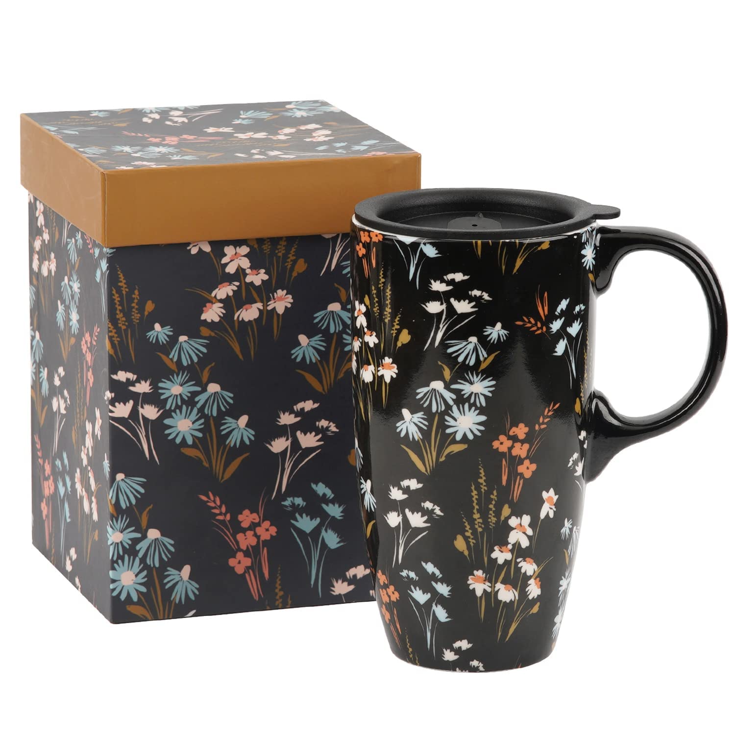 DUSVALLY 17oz Large Ceramic Coffee Mug with Lid - Insulated Travel Mug for Hot & Cold Drinks, Porcelain Tea Cup with Color Gift Box, Floral Design - Perfect for Office, Home, Camping & Commuting