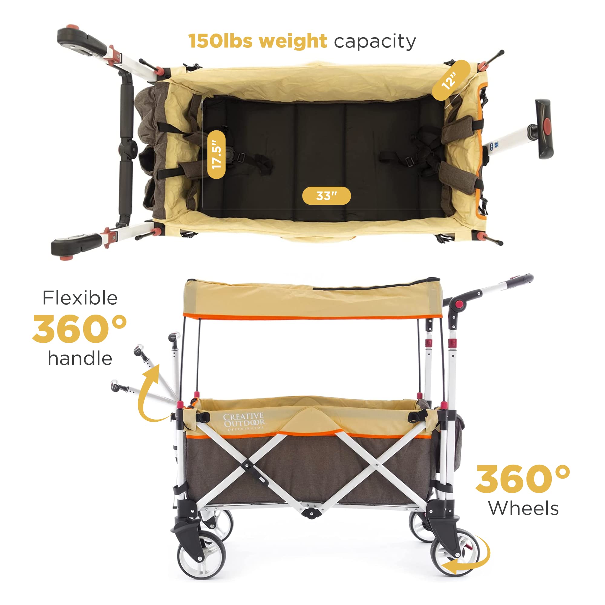 Ultra Compact Folding Stroller Wagon with Canopy - Lightweight Push Pull Design for Kids & Pets - Supports 150lbs - Perfect for Camping, Beach, Park & Sporting Events (Brown/Tan) - Ideal for Family Outings, Picnics & Outdoor Adventures
