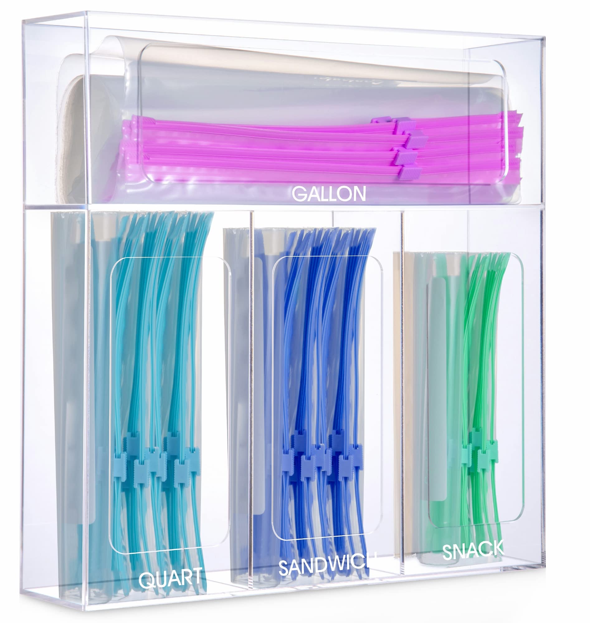 Clear Plastic Storage Bag Organizer for Drawer or Wall - Acrylic Bag Holder for Slider Quart, Sandwich, Snack Baggie & Gallon Ziplock Bags - Perfect for Kitchen, Pantry, Office & Travel Organization