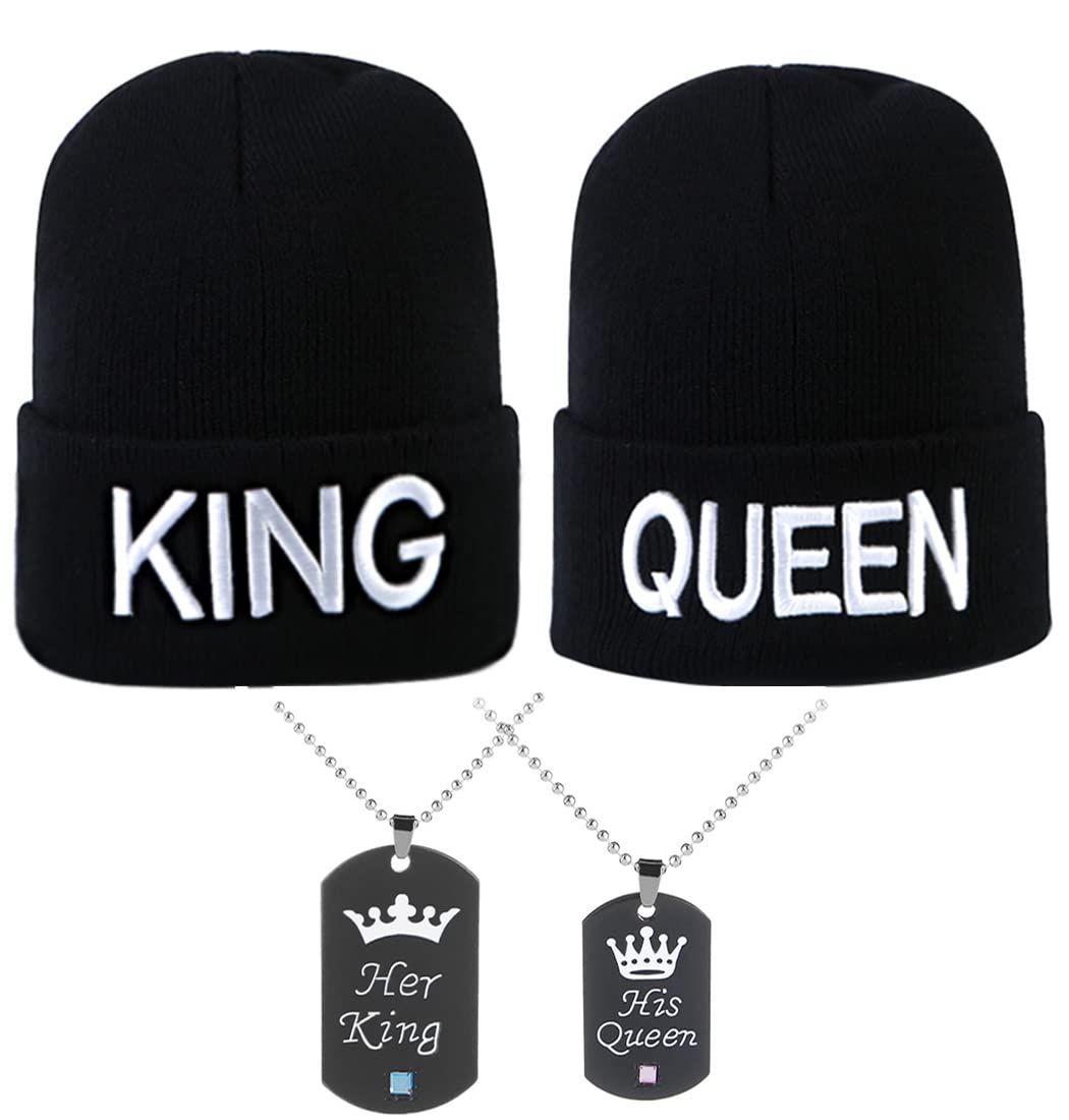 YIQAUMA King and Queen Beanies - Matching Couple Skullies Knit Hats with Queen & King Necklaces - Winter Warm Hats for Couples, Valentine's Day Gifts, Christmas Presents