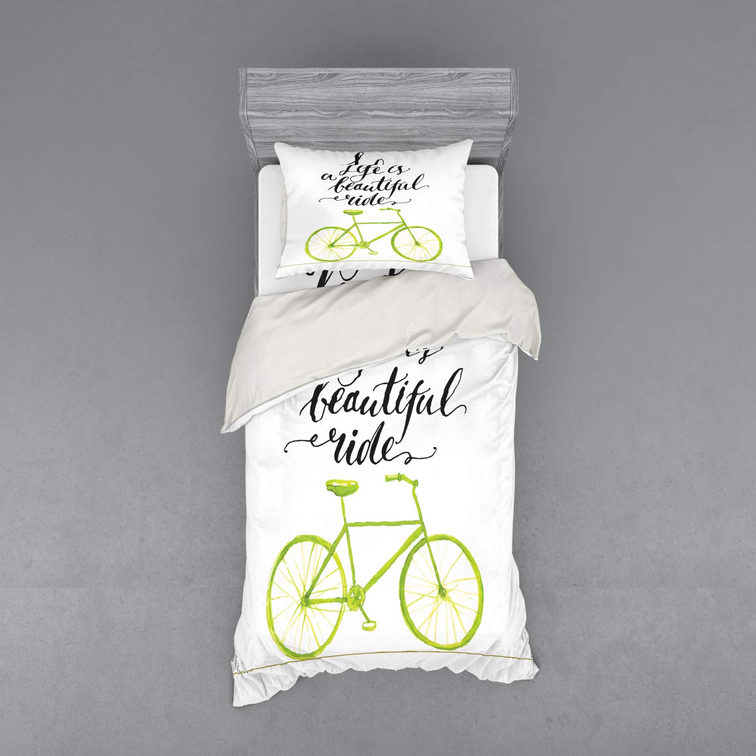 Ambesonne Bicycle Duvet Cover Set - Pastel Color Bike Graphic with 'Life is a Bike Ride' Quote, 3-Piece Twin Size Bedding Set (Duvet Cover, Sham & Fitted Sheet) in Green & Black - Perfect for Cycling Enthusiasts' Bedrooms & Unique Home Decor
