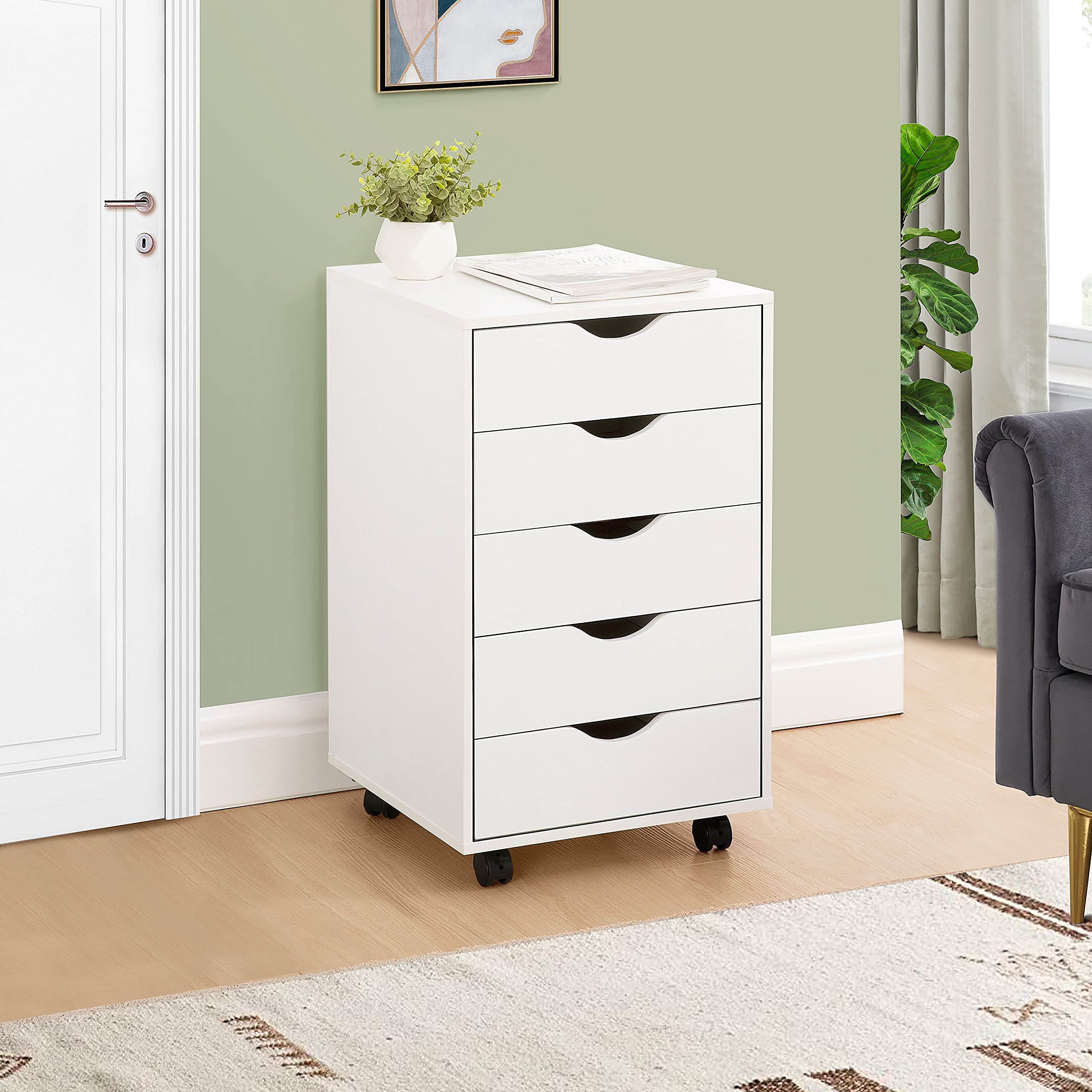 Naomi Home Office Wooden Lateral File Cabinet - 5 Drawer Mobile Storage Cabinet with Wheels, White - Perfect for Organizing Documents in Home Office, Study, or Workspace