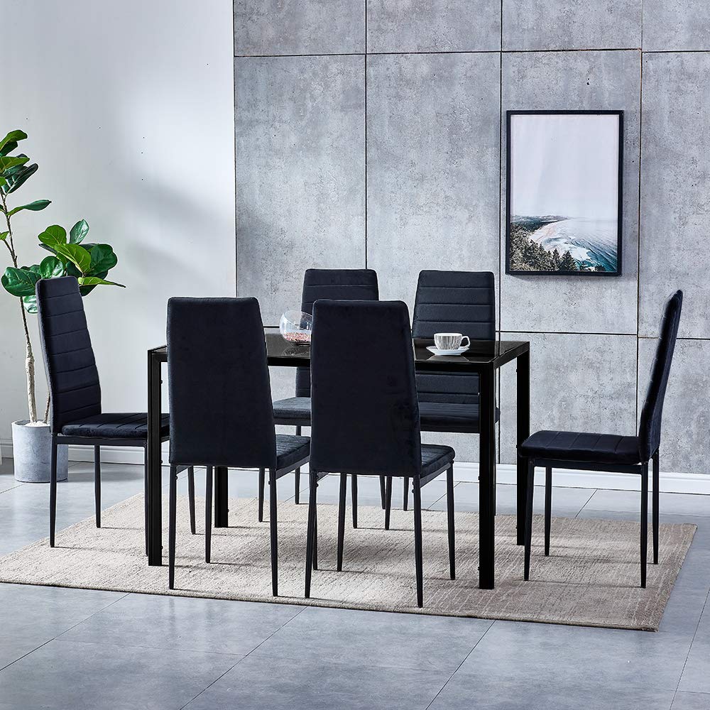 7-Piece Modern Black Dining Set with Tempered Glass Table & 6 Velvet Chairs - Space Saving Kitchen/Dining Room Furniture for Small Apartments & Condos | Perfect for Breakfast Nooks, Compact Dinettes & Cozy Meals