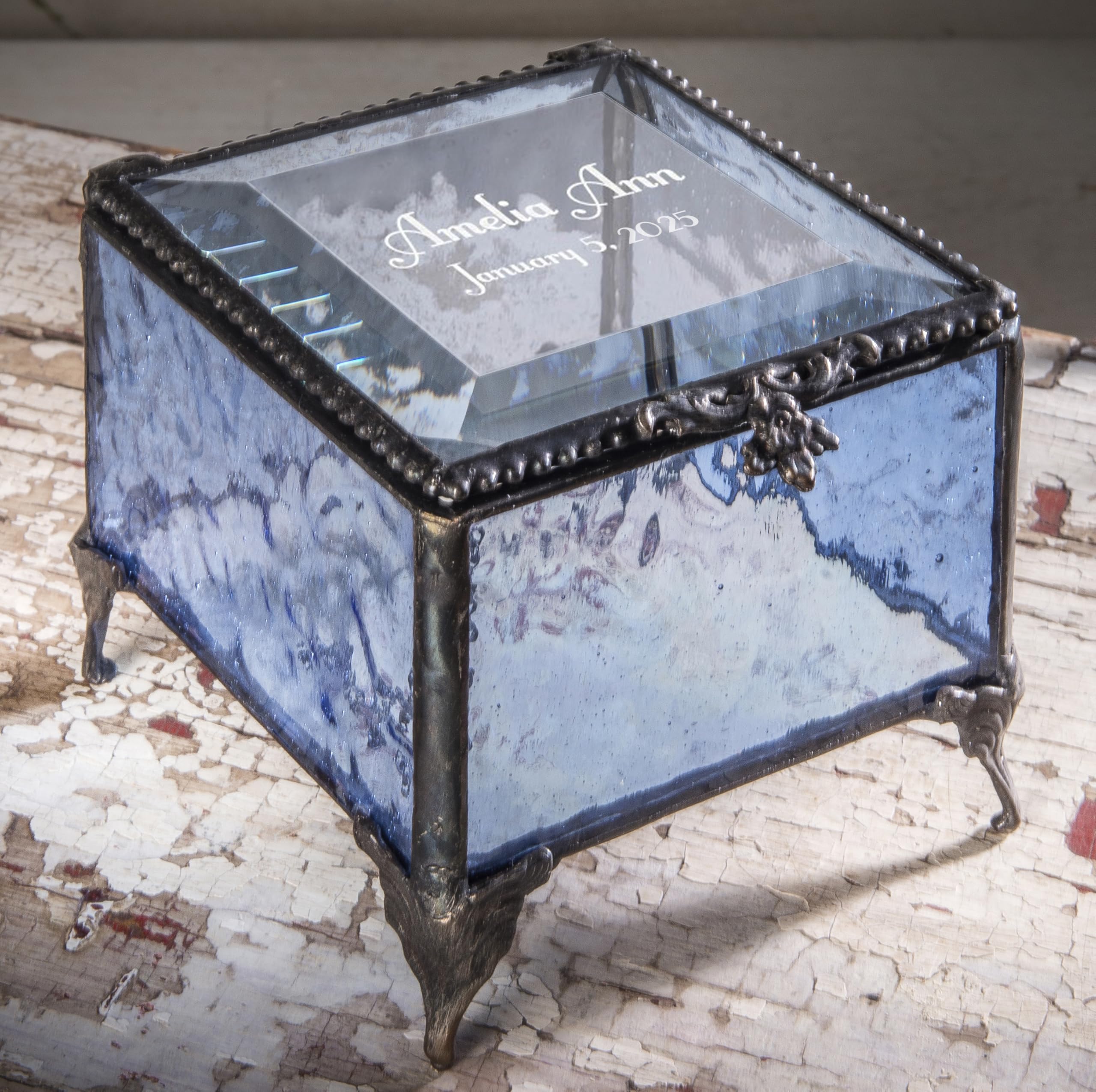 Personalized Baby Keepsake Box - Custom Engraved Christening Gift Box for Baptism, First Communion & Baby Shower - Blue Glass Jewelry Trinket Storage - Perfect for Newborn Memories & Special Occasions - J Devlin Box 837 EB217-2