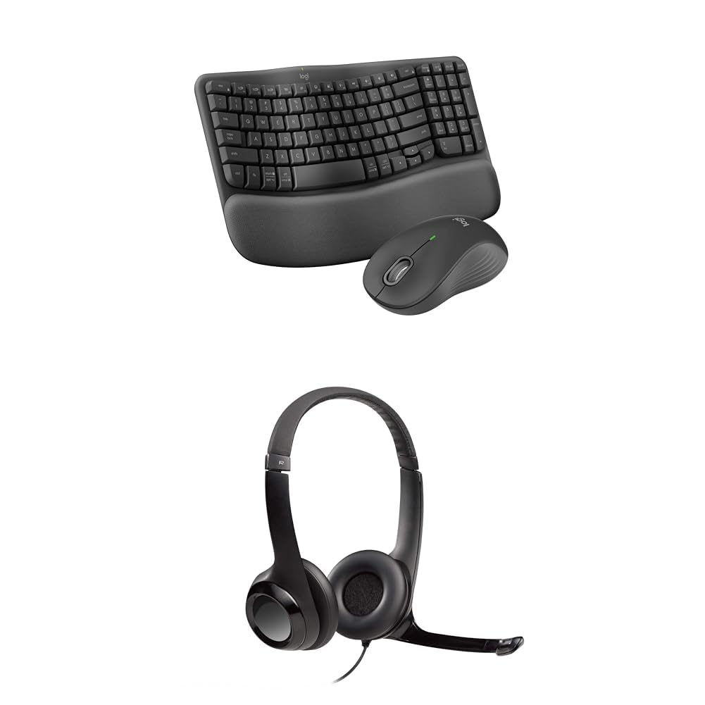 Logitech Wave Keys MK670 Wireless Ergonomic Keyboard & H390 Wired Headset Combo - Multi-OS Compatible (Windows/Mac/PC/Laptop) with Noise Cancelling Mic & USB Connectivity | Perfect for Home Office, Gaming & Video Conferencing