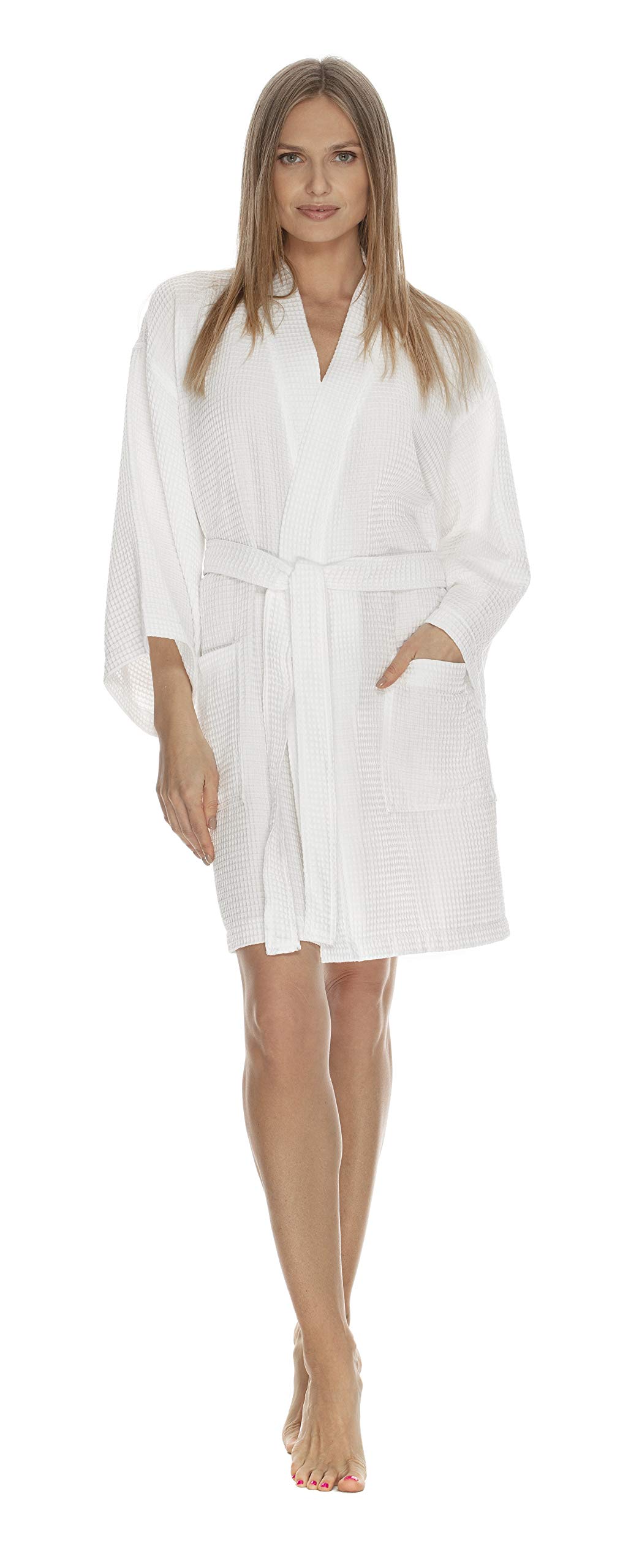 Boca Terry Women's Waffle Robe - Knee Length Lightweight Kimono Bathrobe for Spa, Lounge & Home Relaxation