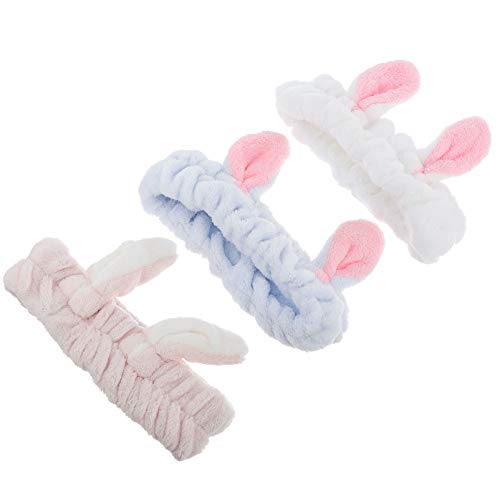 Lurrose 3-Pack Bunny Ears Makeup Headbands - Elastic Cosmetic & Washing Face Hairbands for Women & Girls - Perfect for Shower, Spa, Sports & Skincare Routine