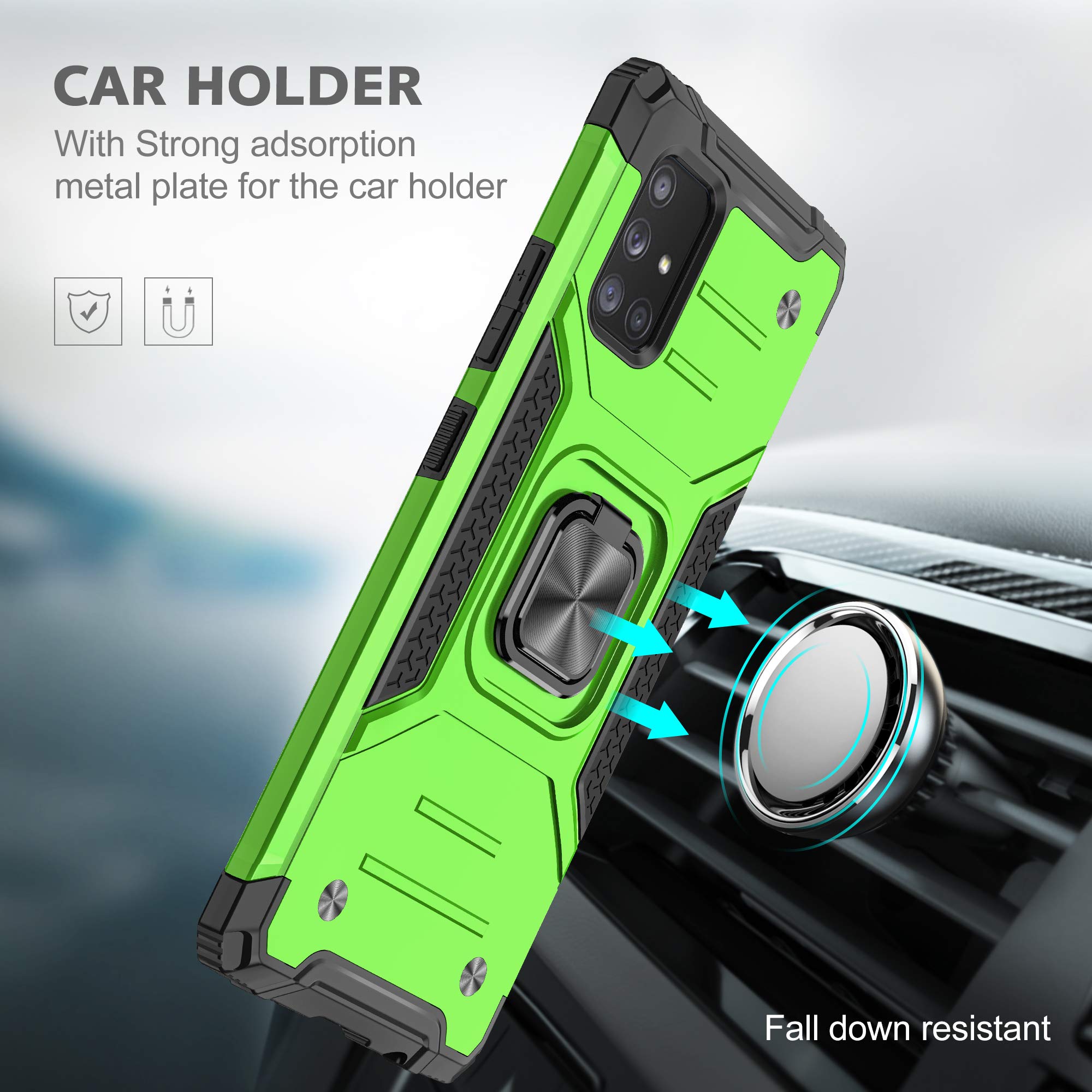 Samsung Galaxy A71 5G Case with Tempered Glass Screen Protector - Military Grade Protective Phone Cover with Magnetic Car Mount & Kickstand (Green) - Perfect for Work, Travel, and Outdoor Activities