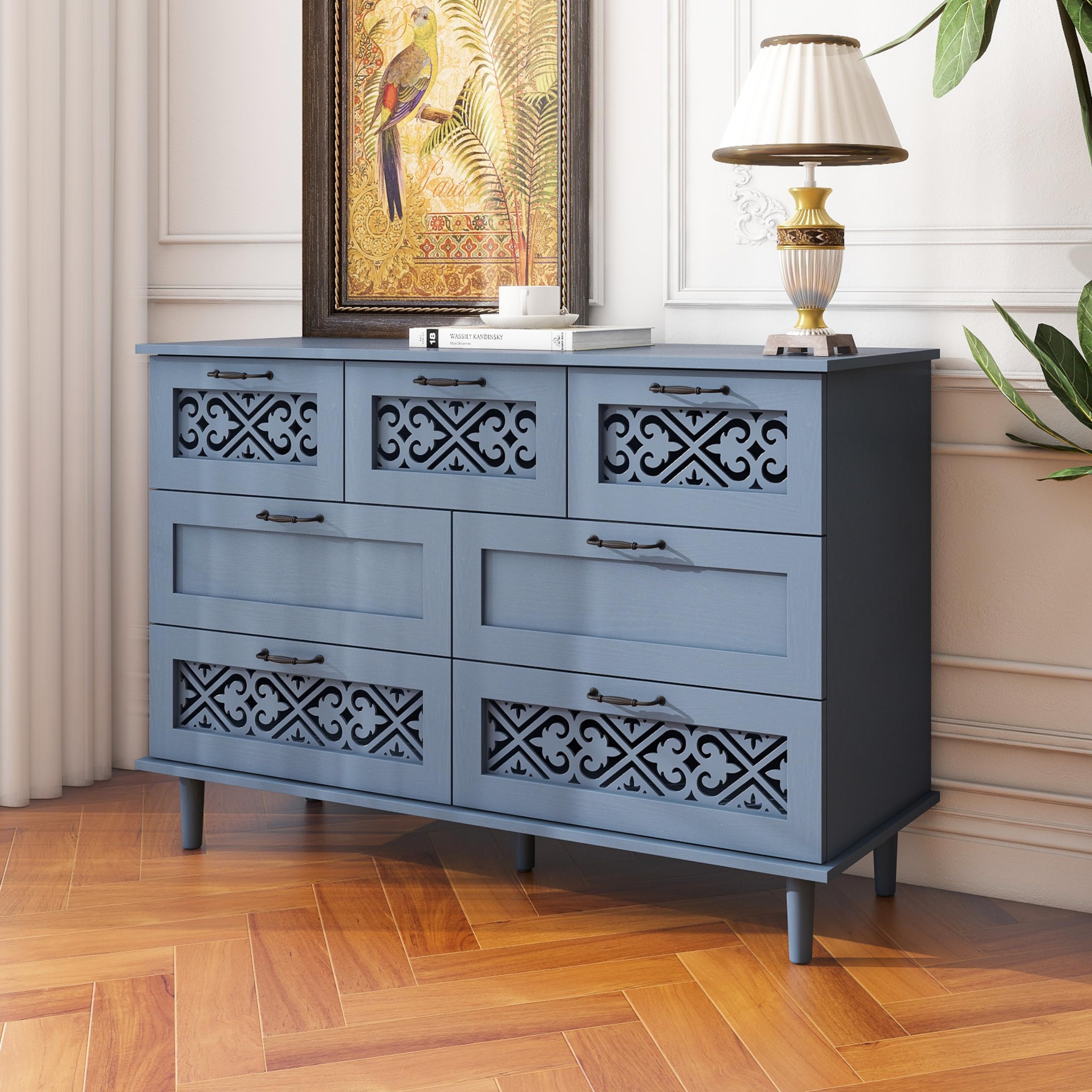Solid Wood Sideboard Buffet Cabinet with 7 Drawers - Storage Console Table Dresser for Living Room, Bedroom, Entryway, Study - Perfect for Organizing Dishes, Linens & Home Decor (Blue)