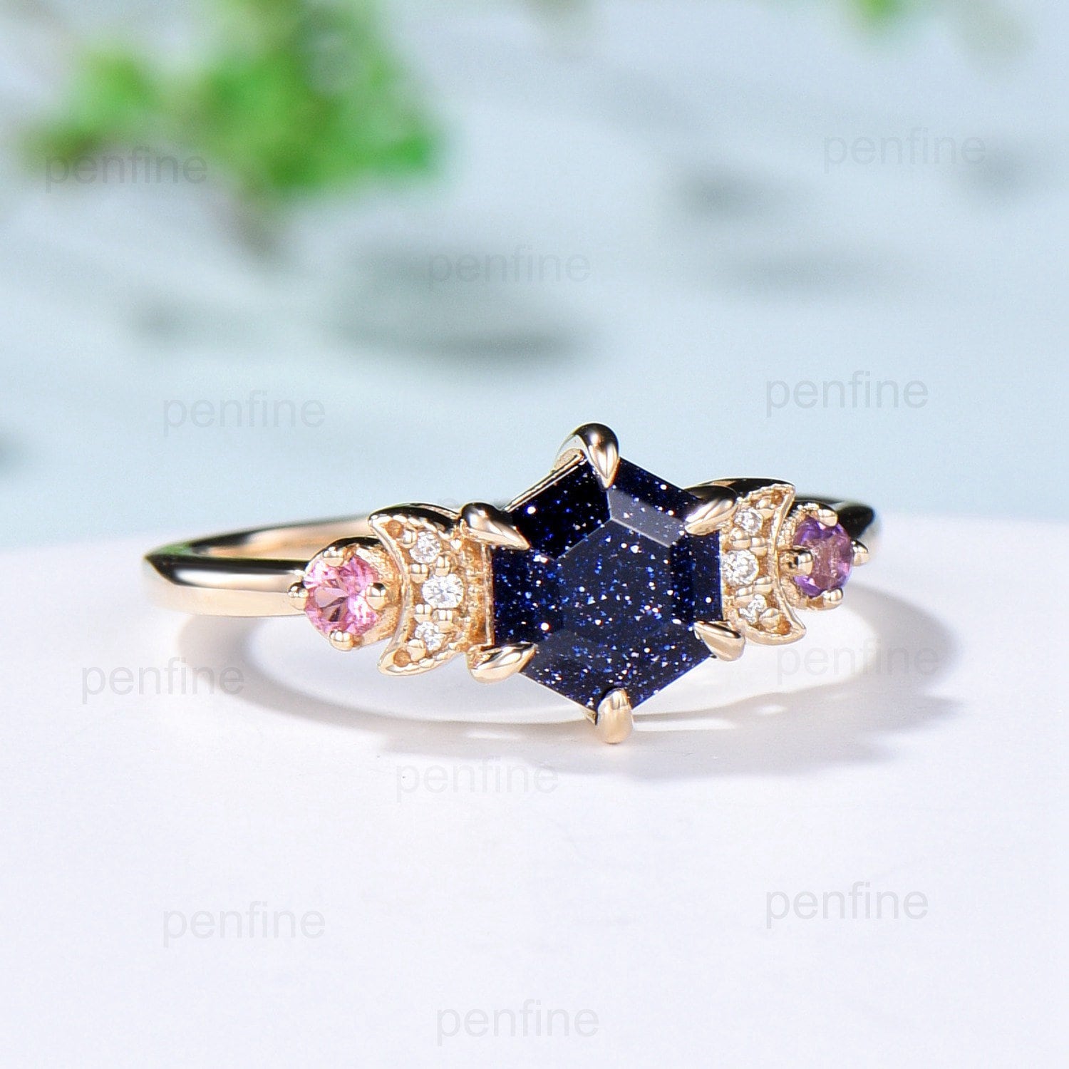 Celestial Moon Blue Sandstone Engagement Ring - Unique Tourmaline Amethyst Wedding Band - Vintage Crescent Moon Proposal Gift for Her - Perfect for Anniversaries, Valentine's Day & Romantic Occasions