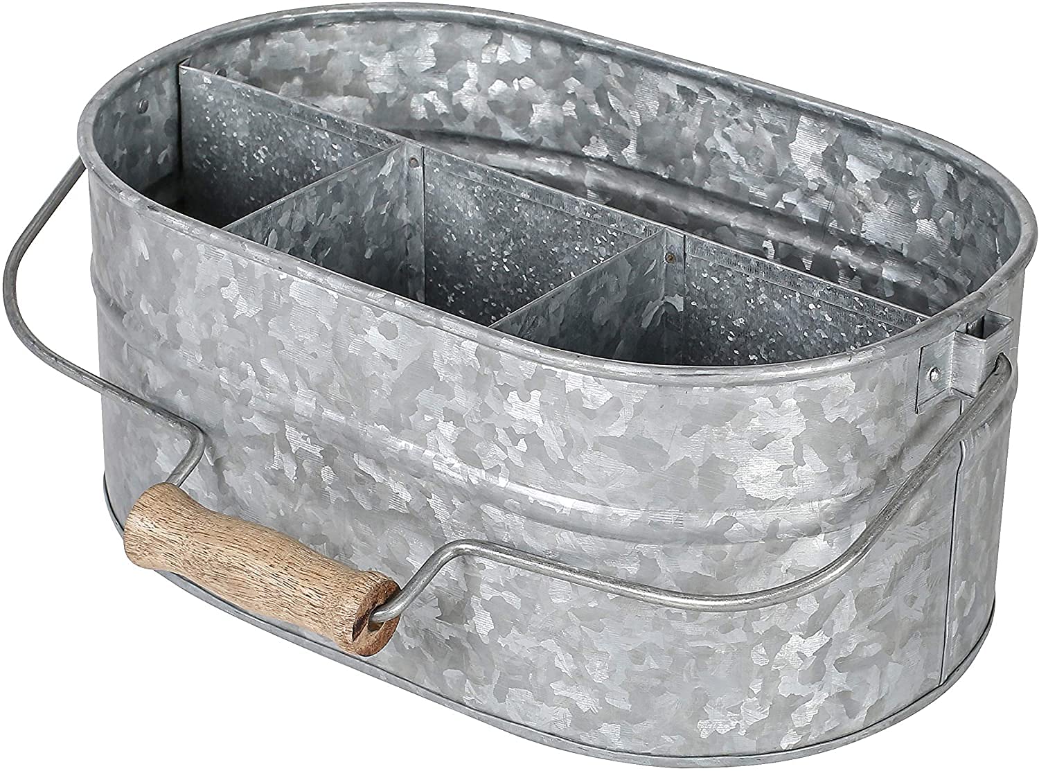 Rustic Farmhouse Metal Storage Caddy with Wooden Handle - 4 Compartment Galvanized Organizer for Kitchen Utensils, Picnic Supplies & Garden Tools - Hammered Antique Grey Finish - Perfect for Home, Office & Outdoor Use