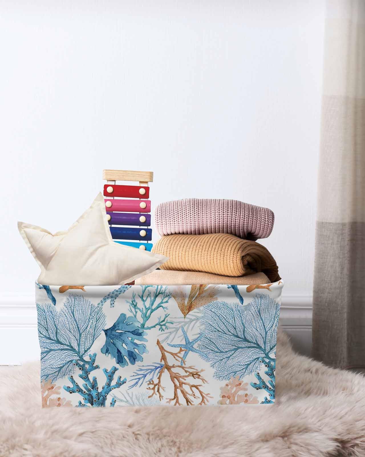 Large Collapsible Storage Bins with Handles - Summer Ocean Blue Coral Seamless Storage Baskets, Starfish Marine Life Cube Organizers for Shelves, Closet, Nursery | Perfect for Home Organization, Kids' Room & Beach-Themed Decor
