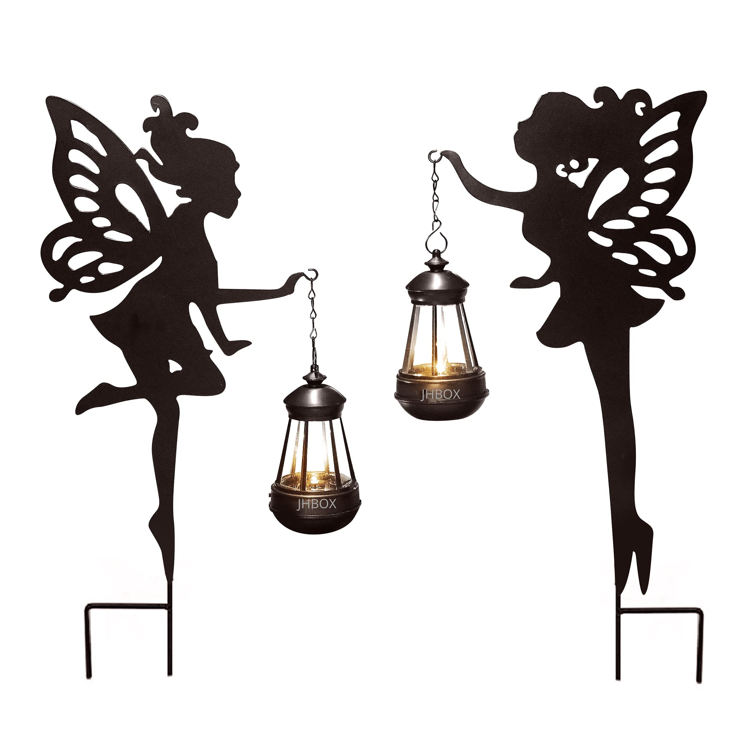 JHBOX Solar-Powered Fairy Garden Statues with LED Lights - Outdoor Decorative Metal Stake Solar Lanterns for Patio, Yard, Pathway & Flower Bed - Weather-Resistant Landscape Lighting (Pair) - Perfect for Romantic Garden Ambiance & Nighttime Pathway Illumination