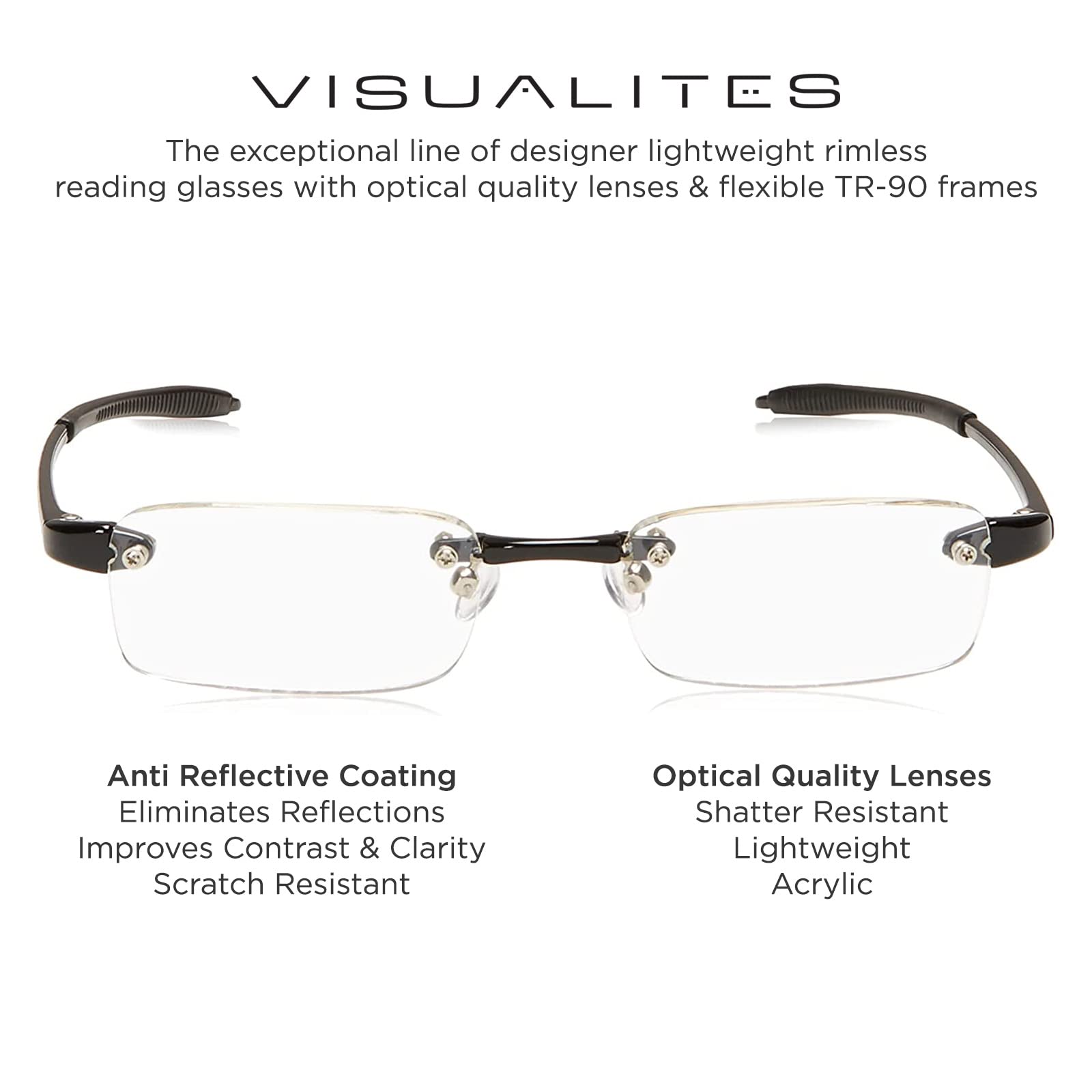 Lightweight Rimless Reading Glasses for Men & Women - VIS 1 Model - Perfect for Reading, Computer Use & Everyday Wear
