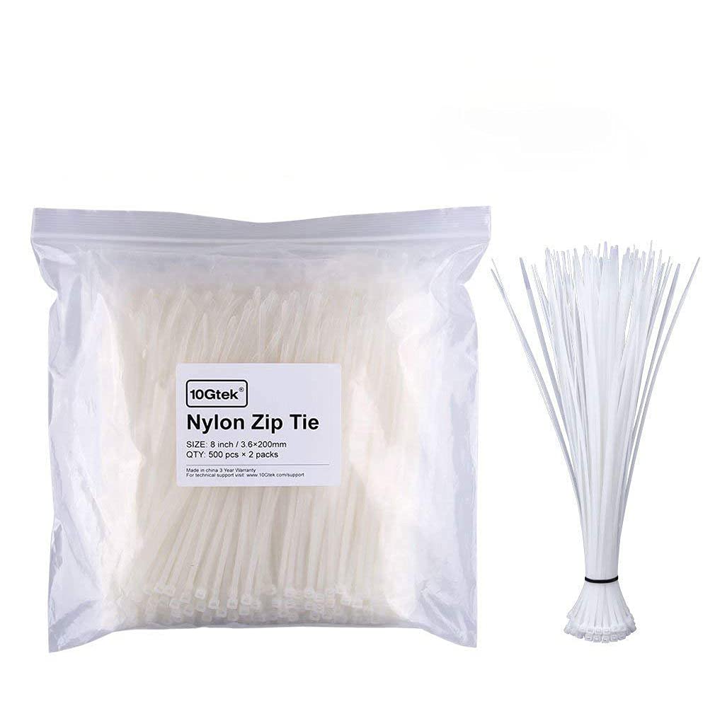 10Gtek 8-Inch White Nylon Self-Locking Cable Ties - 1000pcs Bulk Pack for Home, Office & Industrial Wire Management, Organizing Cords & DIY Projects