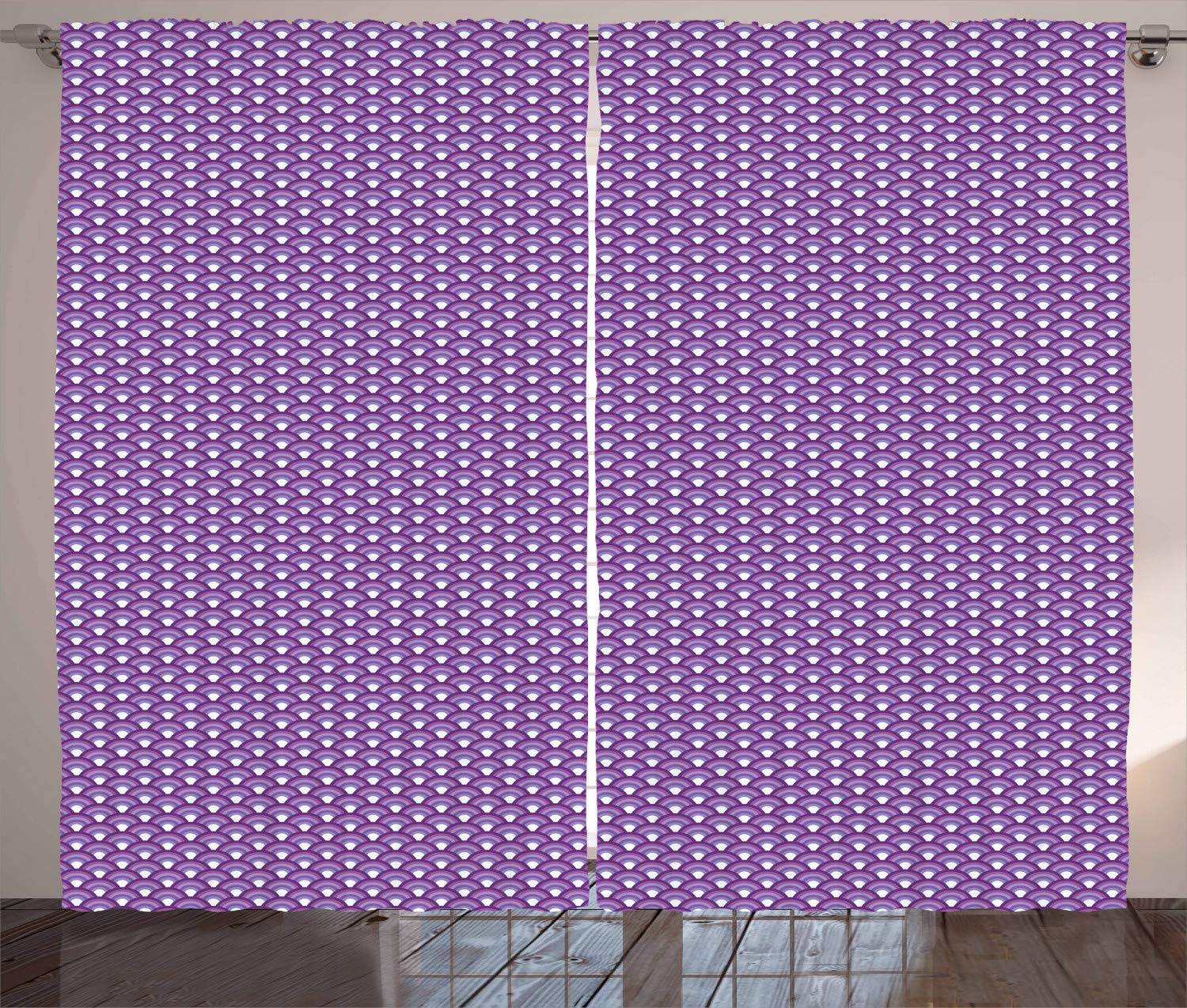 Ambesonne Fish Scale Curtains - Japanese Wave Pattern in Purple Shades, Oriental Concentric Design, 2 Panel Window Drapes for Living Room & Bedroom, 108