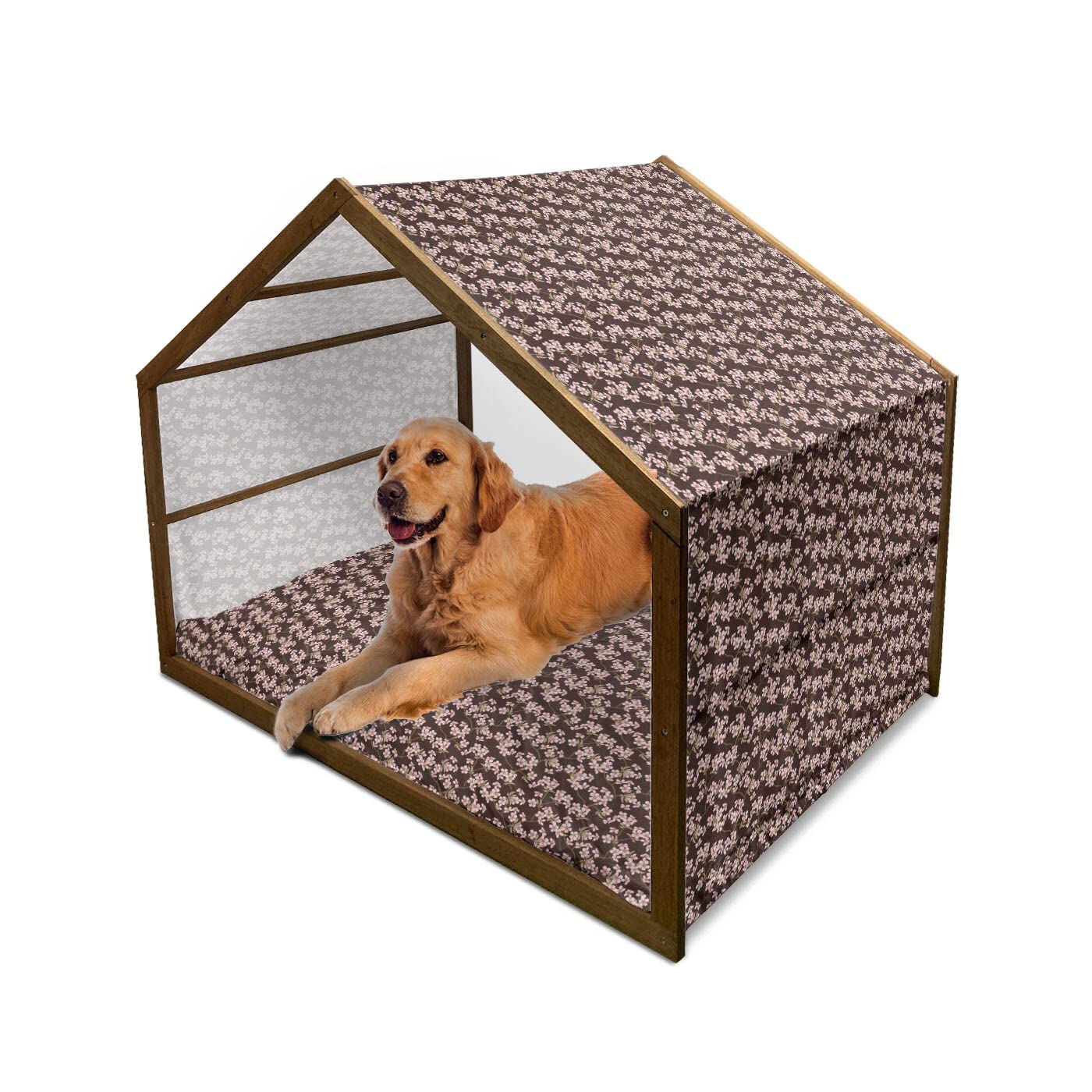 Ambesonne Cherry Blossom Wooden Dog House - Japanese Style Pet Shelter with Floral Design, Indoor & Outdoor Portable Dog Kennel with Pillow & Cover, 2X-Large Size in Brown Pale Coffee - Perfect for Backyard, Patio, Garden or Home Decor