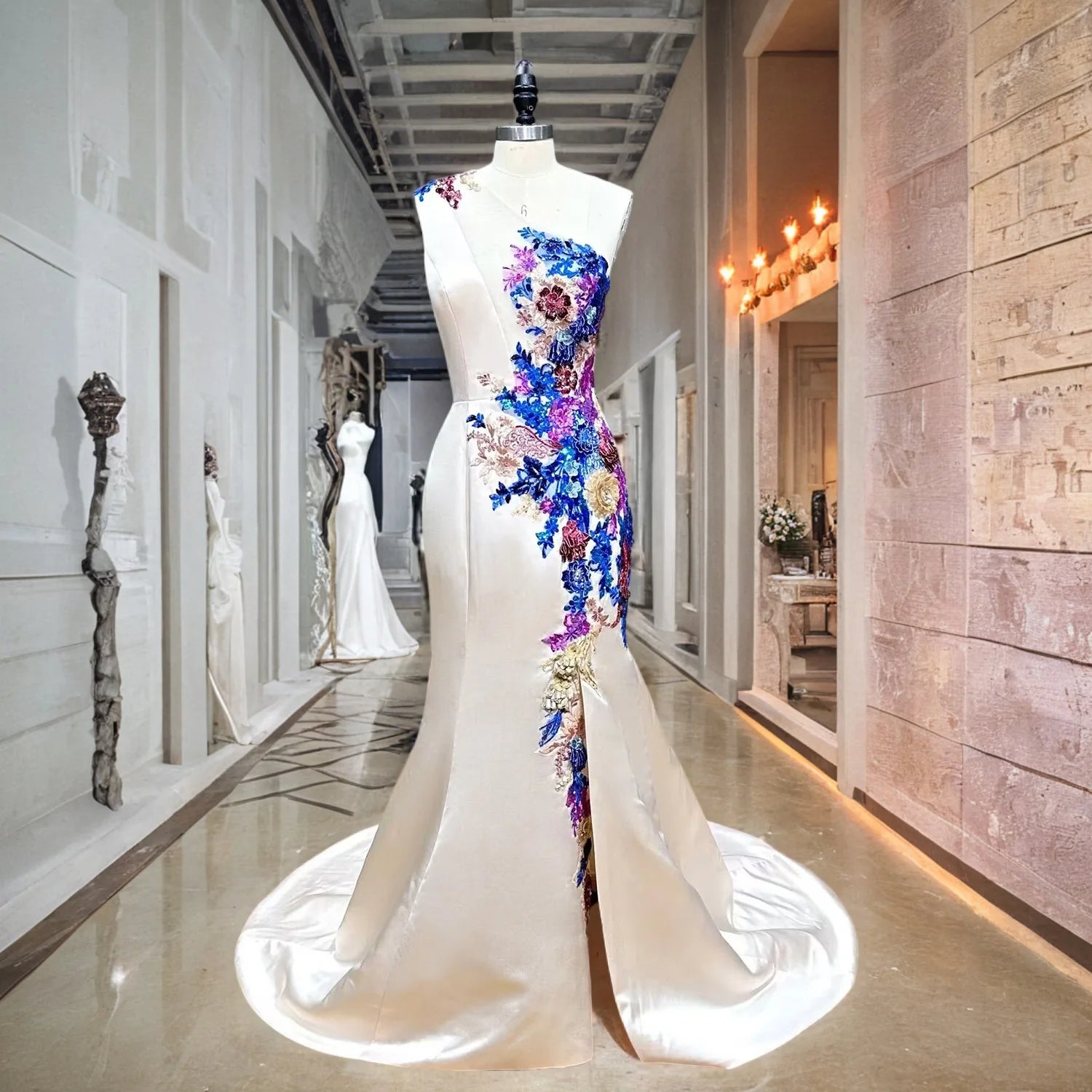 Elegant One Shoulder Evening Gown with 3D Floral Appliques & High Slit - Perfect for Prom, Wedding Guest & Black Tie Events