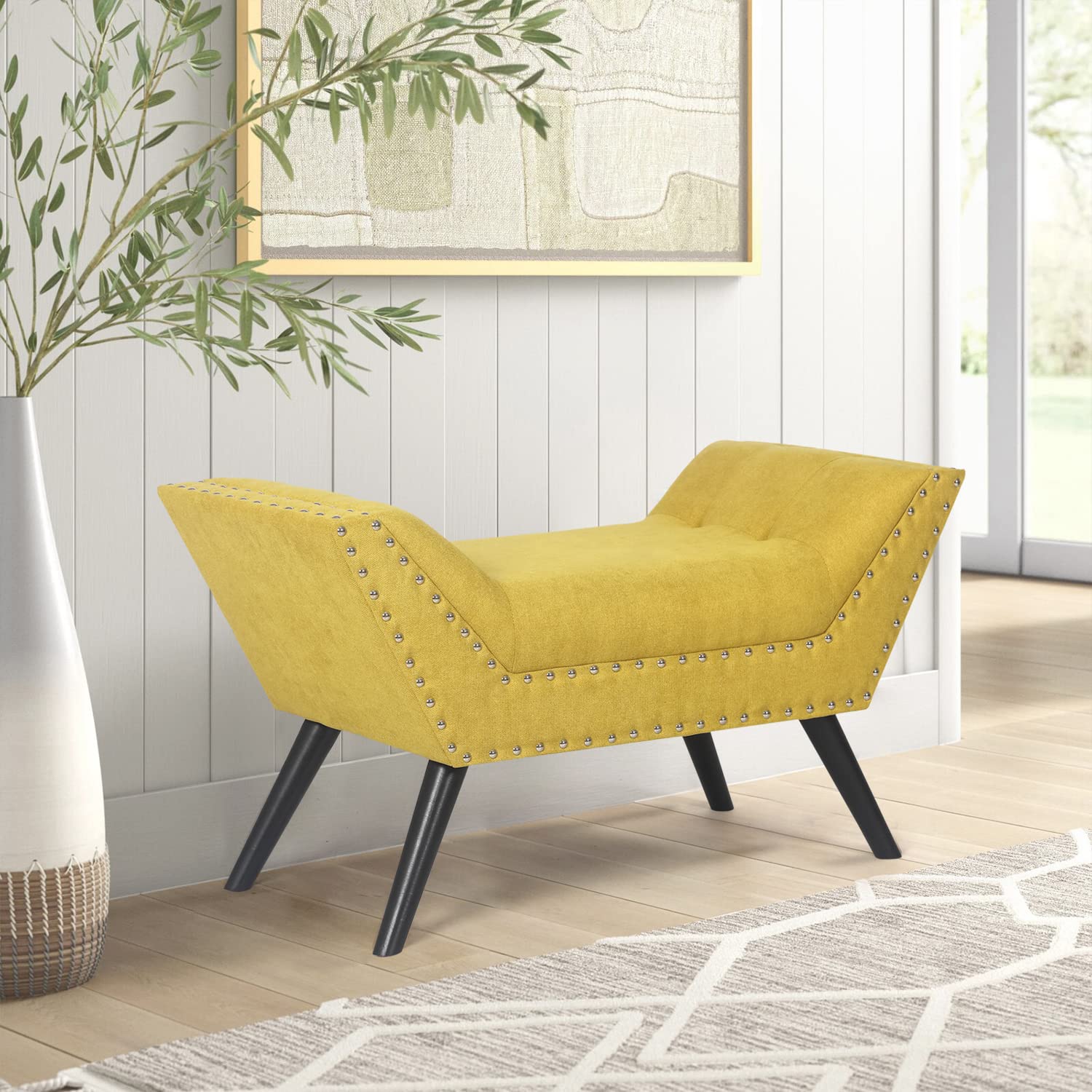 Modern Upholstered Fabric Ottoman Bench with Tufted Design, Wooden Legs & Nailhead Trim - Yellow Accent Bench for Bedroom, Living Room & Entryway | Perfect for Extra Seating, Footrest & Home Decor