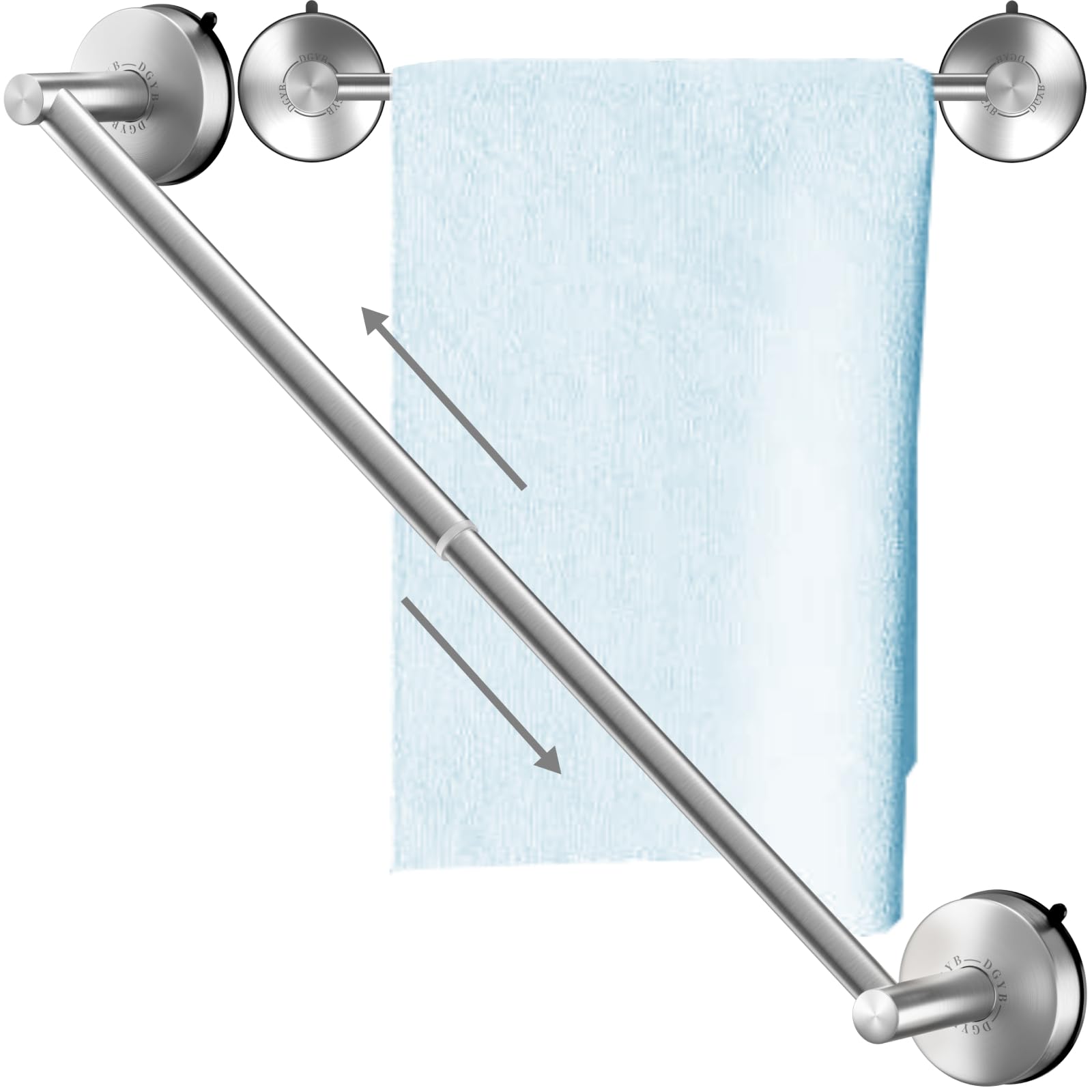 DGYB Adjustable Suction Cup Towel Bar - 14 to 27 Inch Brushed Nickel Stainless Steel Bathroom Towel Rack Holder for Glass Shower Doors - Perfect for Small Spaces, Apartments & RVs (No Drilling Required)