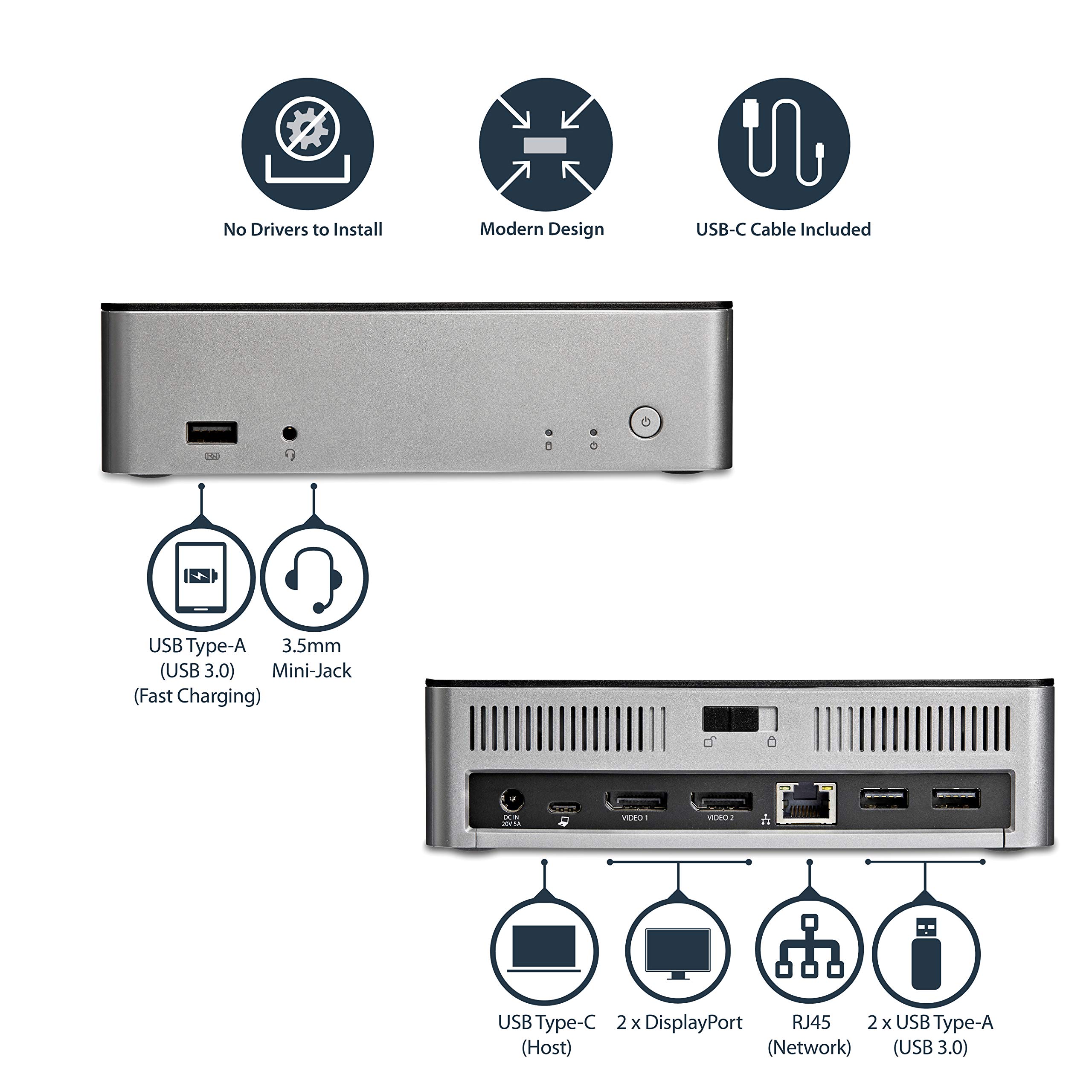 StarTech.com USB C Docking Station for Dual Monitors - 4K Dual DisplayPort, 2.5