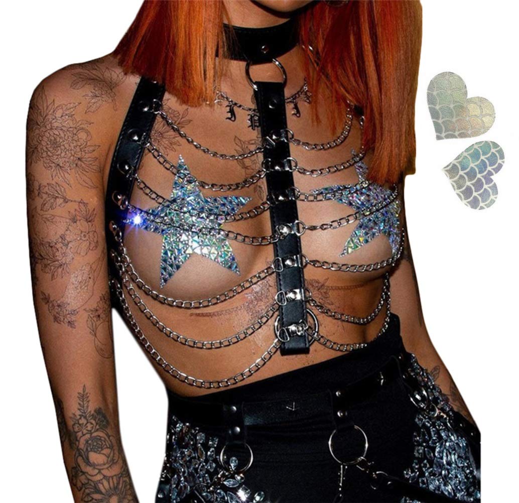 Holographic Rave Body Harness with Cage Bra, Choker & Chain Belts - Festival Costume for Women | EDM Party, Music Festival, Clubwear & Roleplay Outfit