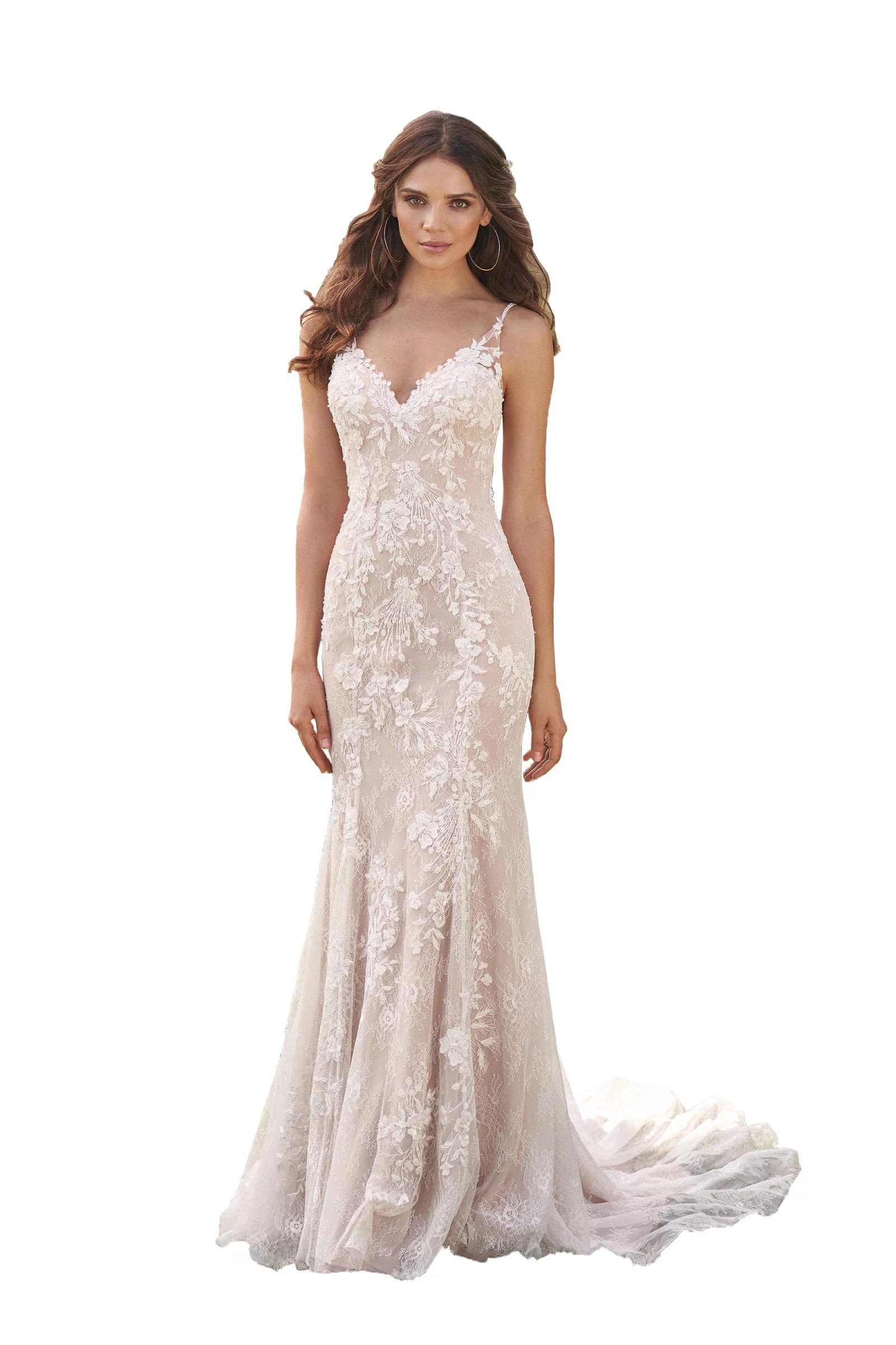 Elegant Lace Mermaid Wedding Dress for Bride 2024 | Simple Beach Bohemian Bridal Gown for Women | Perfect for Beach Weddings, Destination Ceremonies & Romantic Photoshoots