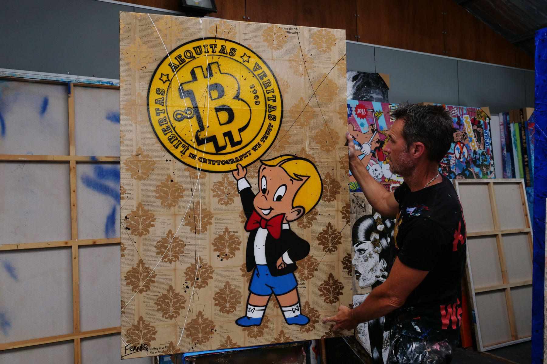Richie Rich Bitcoin Urban Pop Art Painting - 140cm x 100cm Bitcoin Futures Wall Decor for Home, Office & Book Club | Modern Crypto Artwork for Living Room & Man Cave