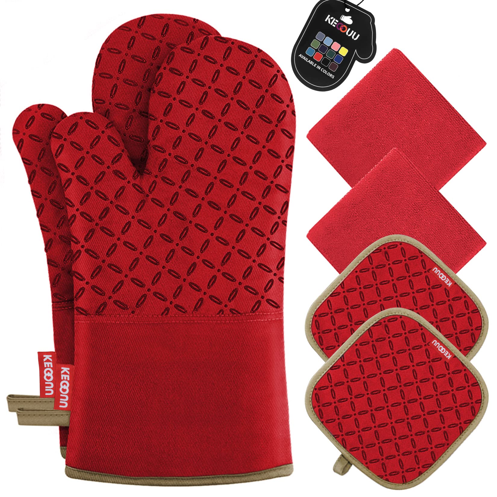 KEGOUU 6-Piece Heat Resistant Oven Mitts and Pot Holders Set - 500°F High Temperature Protection, Extra Long Silicone Non-Slip Kitchen Gloves for Baking, Grilling & Cooking (Red) - Perfect for BBQ, Oven Use & Hot Dish Handling