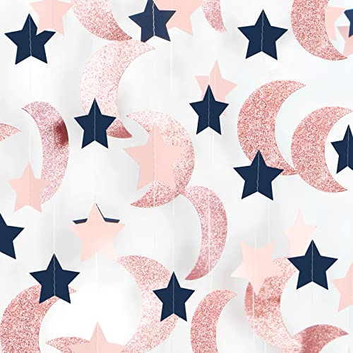 Navy Blue Pink Rose Gold Moon Star