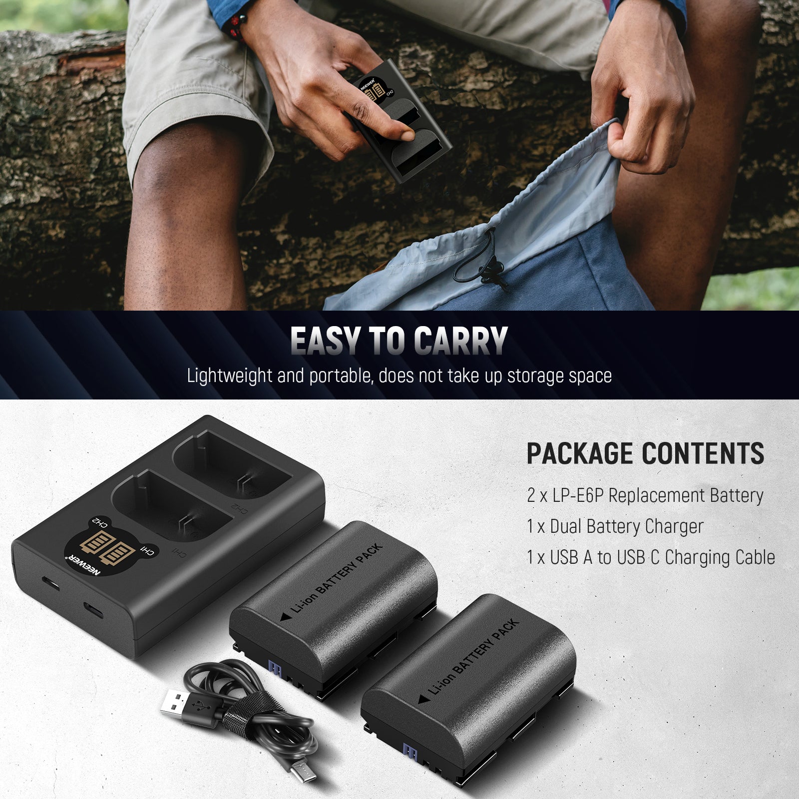 NEEWER 2 Pack 2400mAh LP-E6P Replacement Battery and Charger Kit for Canon EOS 5D Mark IV, 5D Mark III, 7D, 6D, 60D, 70D - Professional Photography, Travel, and Outdoor Shooting Accessories
