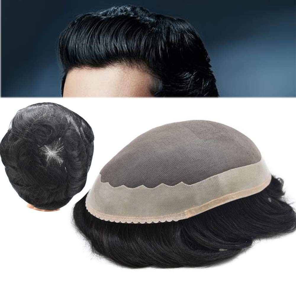 Premium Real Human Hair Toupee for Men - 5x7 Mono Fine Hairpiece #1B Off Black, 110% Density - Natural Looking Hair Replacement System for Thinning Hair & Baldness - Perfect for Daily Wear, Special Occasions & Confidence Boost