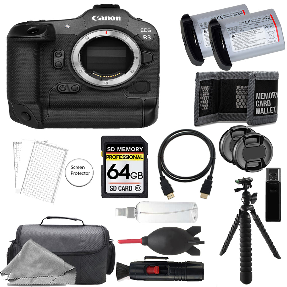 Canon EOS R3 Mirrorless Digital Camera with 64GB Memory Card, Extra Battery & Tripod Kit - Professional Photography, Vlogging & Travel Shooting