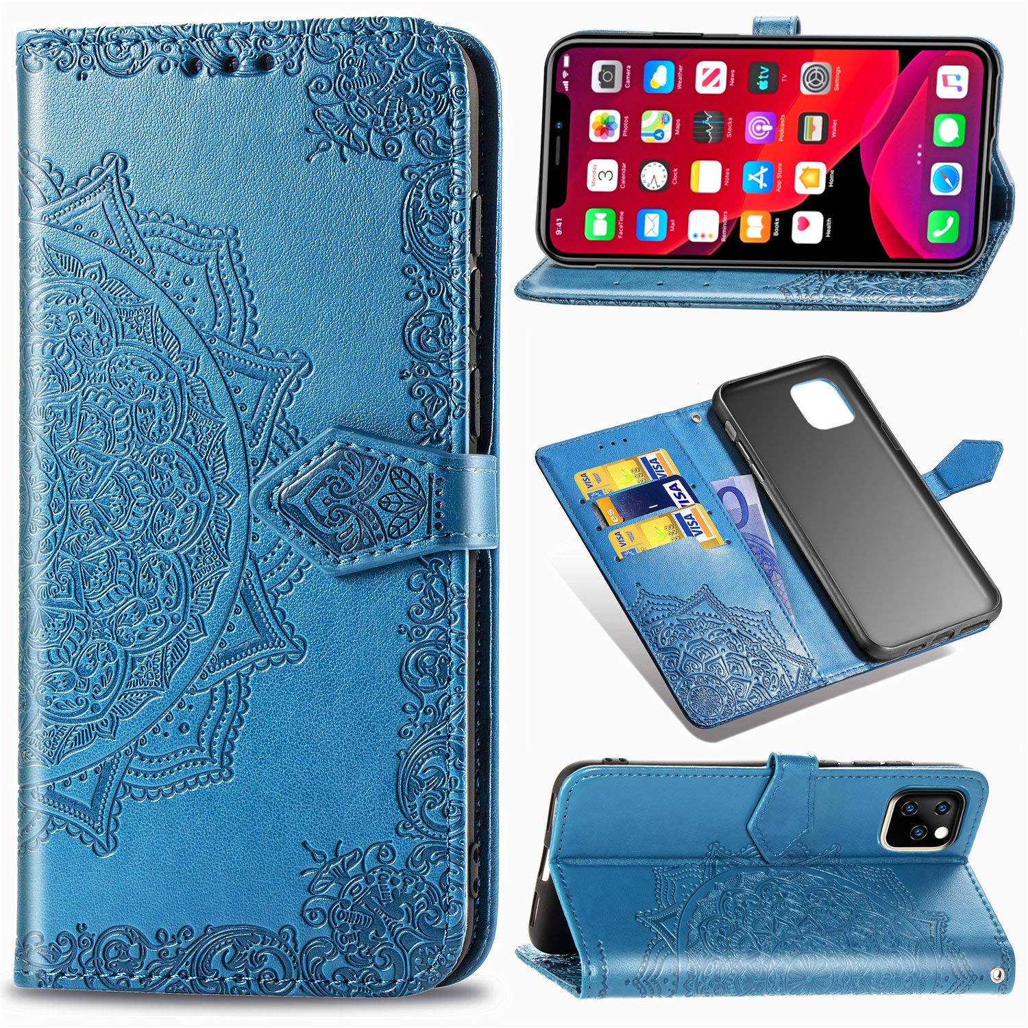 Premium PU Leather Wallet Case for iPhone 11 Pro 5.8 Inch - Flower Embossed Design with Card Slots, Magnetic Closure & Kickstand | Slim Protective Flip Cover (Blue) | Perfect for Everyday Use, Travel & Hands-Free Viewing