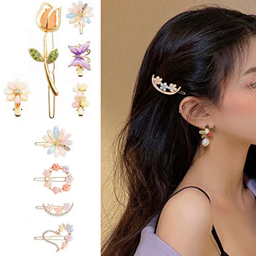 9Pcs Gold Crystal Hair Pins for Women - Glitter Flower Barrettes for Parties & Weddings