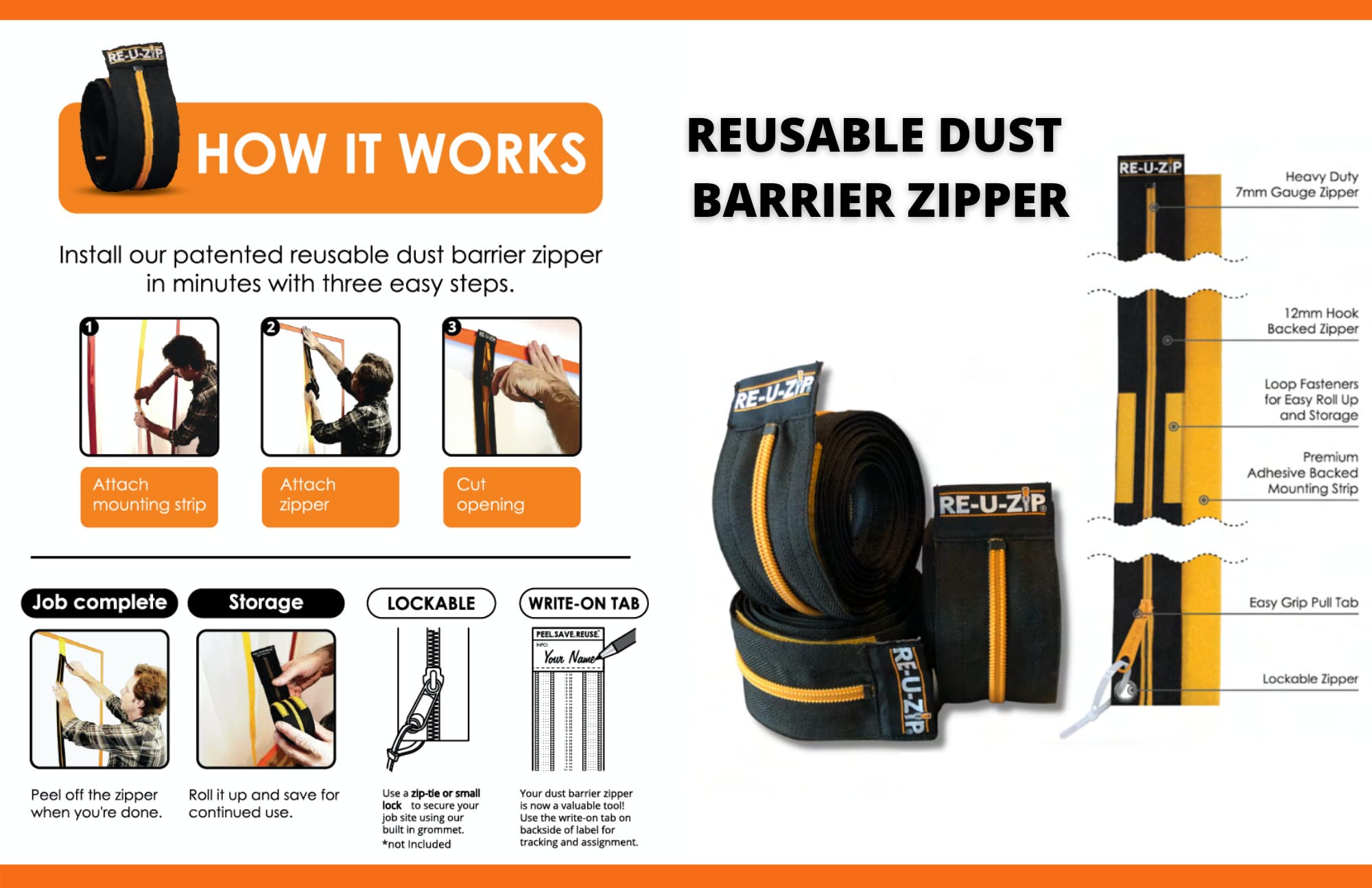 RE-U-ZIP® Reusable Dust Barrier Entry System Pro Bundle - 1 Magnetic Self-Closing Strip + 6 Orange Zippers + 16 Mounting Refills + 2 Carry Cases + 12 Zip Ties | Dust Control for Construction, Renovation & Home Improvement Projects