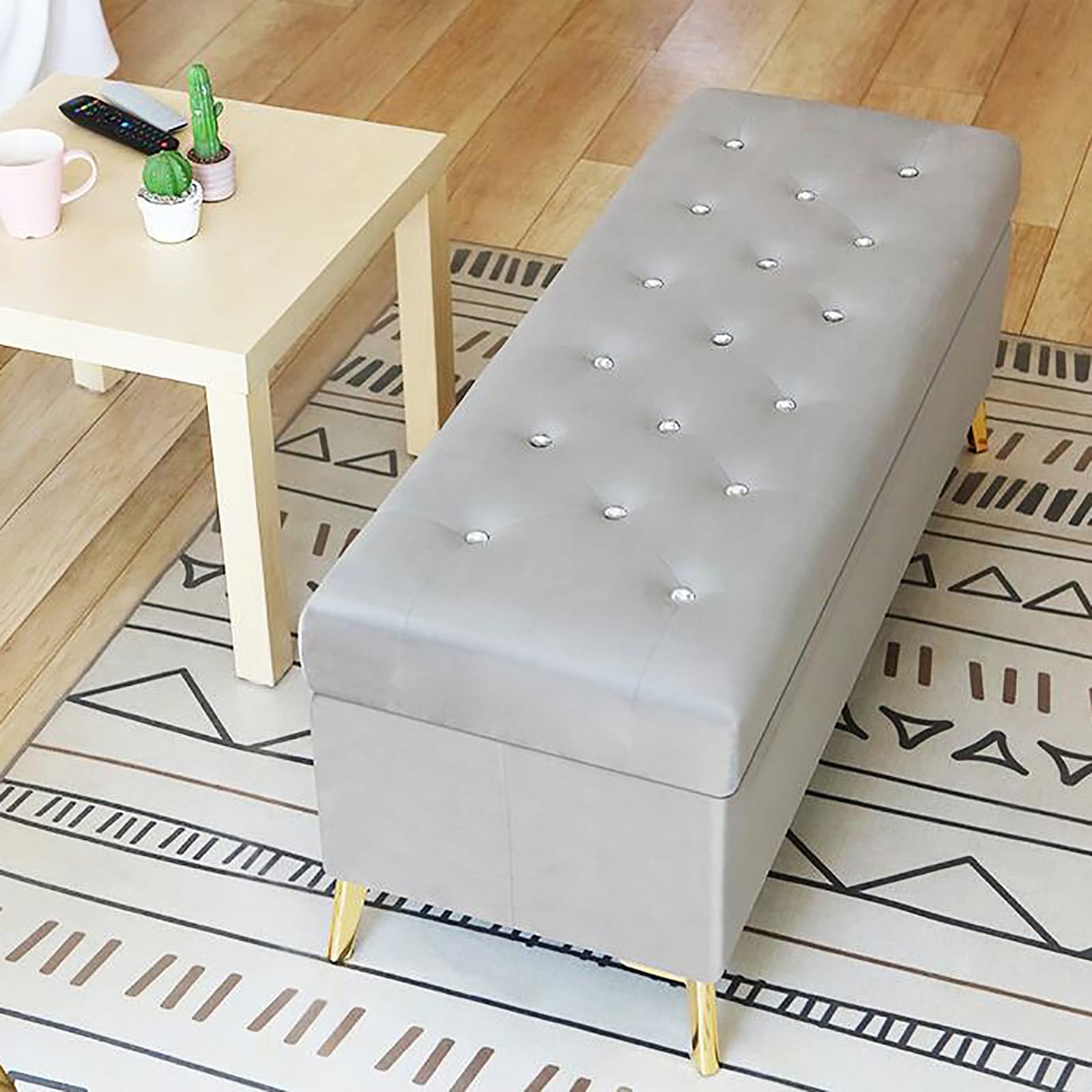 Luxury Velvet Storage Ottoman Bench with Crystal Buttons - Tufted Foot Rest, Lift Top Shoe Bench for Bedroom, Entryway & Living Room - Modern Upholstered Storage Seat with Lift Top for Shoes, Blankets & Home Decor