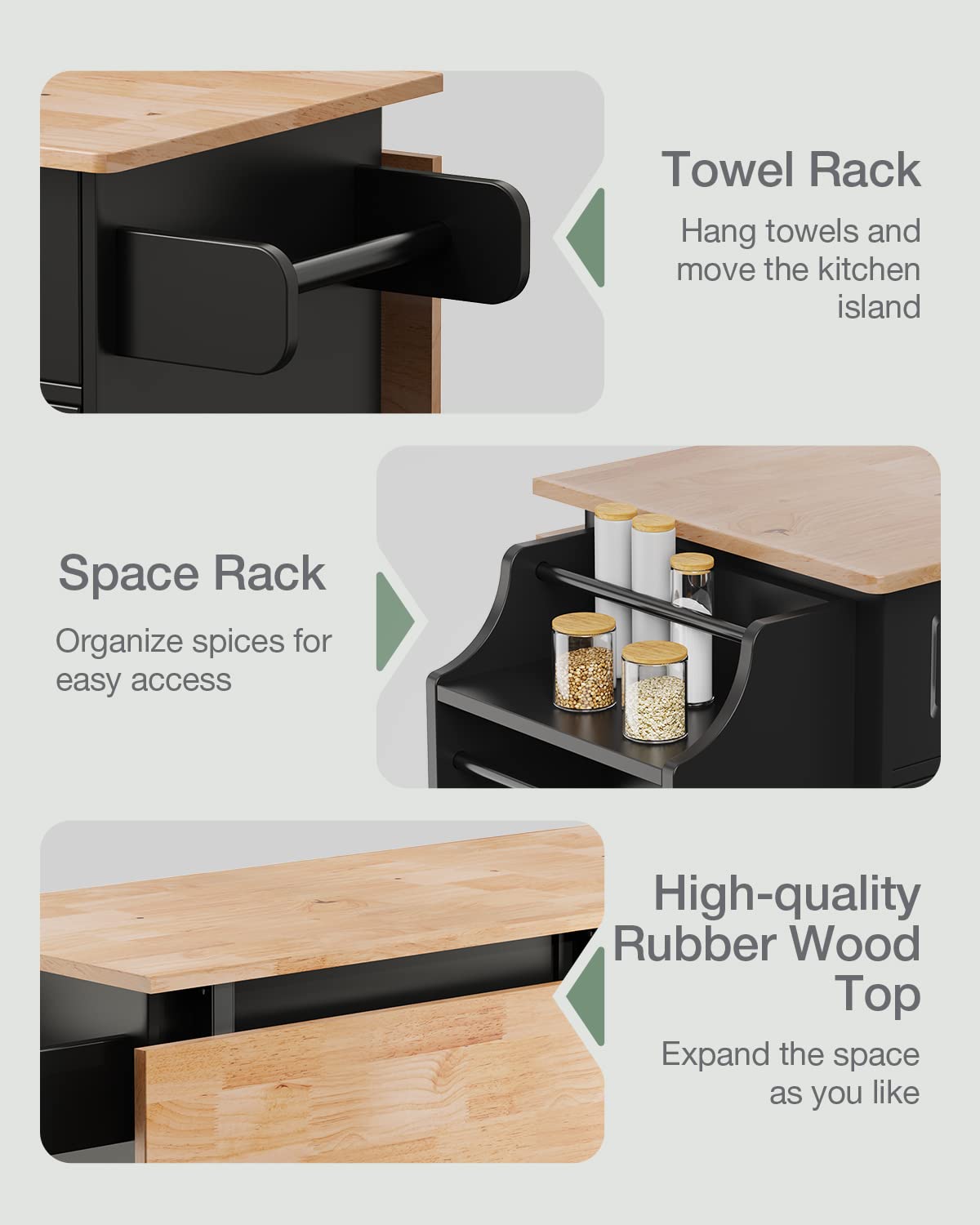 Kitchen Island with Storage & Side Rack - 5-Wheel Mobile Kitchen Cart with Durable Rubber Wood Top (Black) - Perfect for Small Kitchens, Food Prep, and Extra Counter Space
