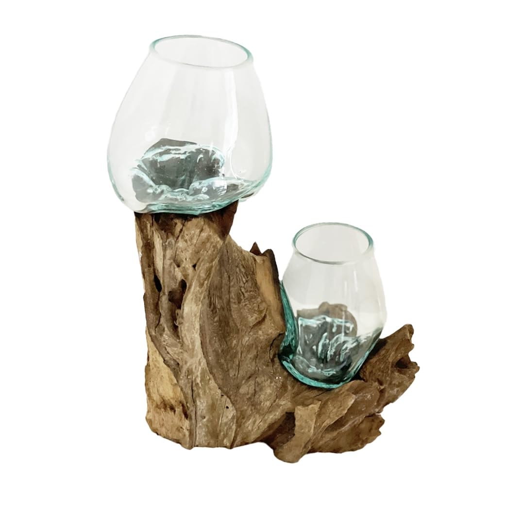 OMA Molten Glass on Wood Double Decorative Bowl Planter Vase - XL Size Centerpiece for Home Decor, Wedding, Table Setting & Unique Gift Ideas
