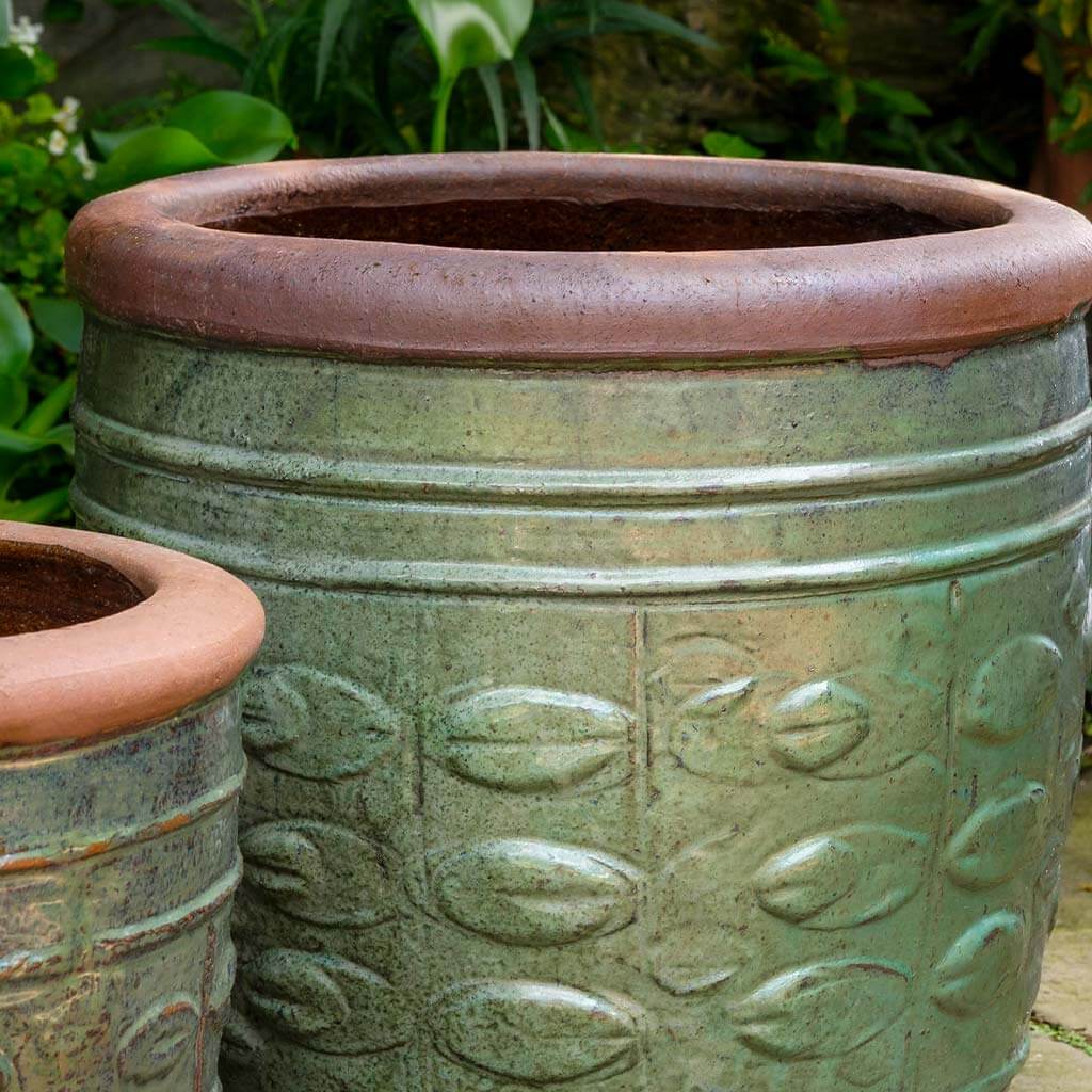Campania International Rustic Leaf Pot Set of 2 - Handcrafted Ceramic Garden Planters in Antique Green Finish for Patio, Balcony & Indoor Decor