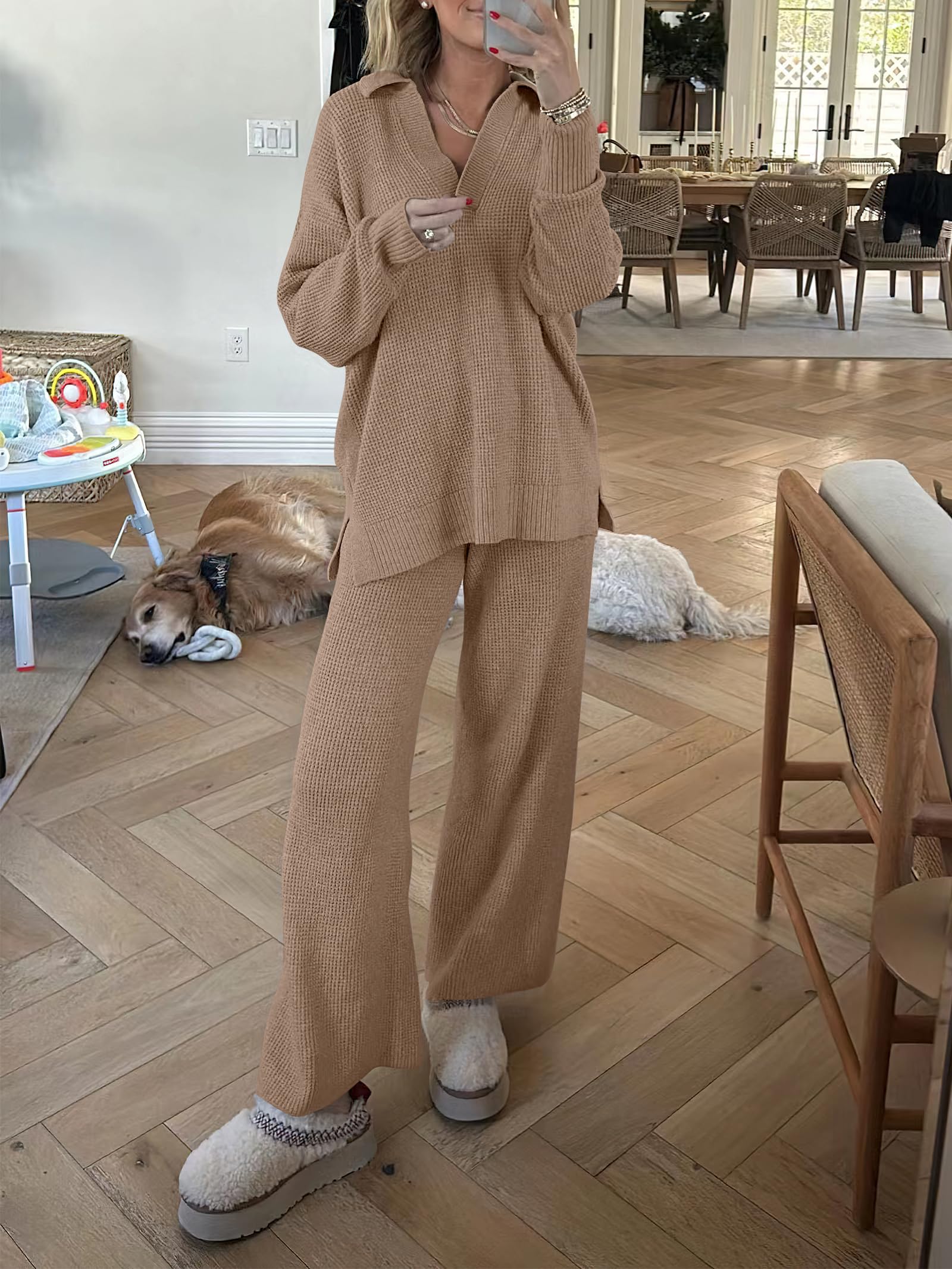 ANRABESS Women's Two Piece Outfits - Waffle Knit Sweater & Wide Leg Pants Lounge Set | Cozy Matching Tracksuit for Home, Travel & Casual Wear