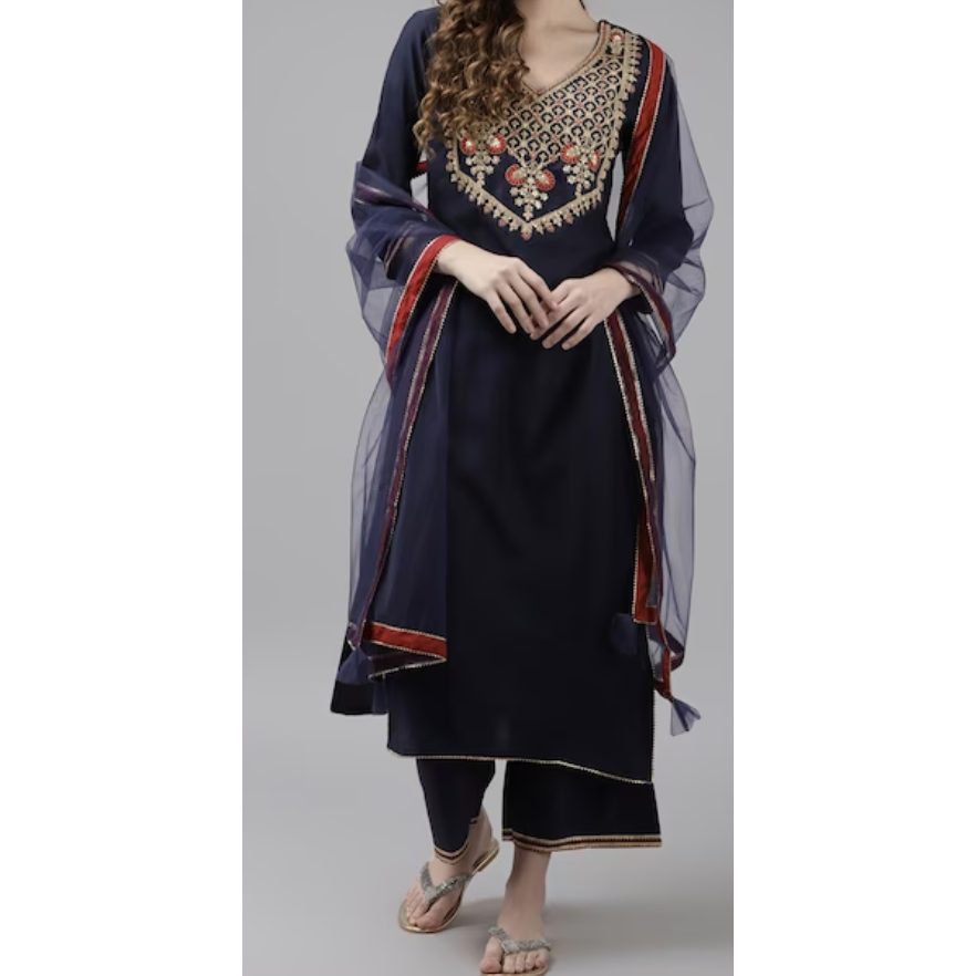 Elegant Navy Blue Embroidered Kurta Set with Yoke, Palazzos & Dupatta - Traditional Indian Outfit for Women - Perfect for Weddings, Festivals & Special Occasions