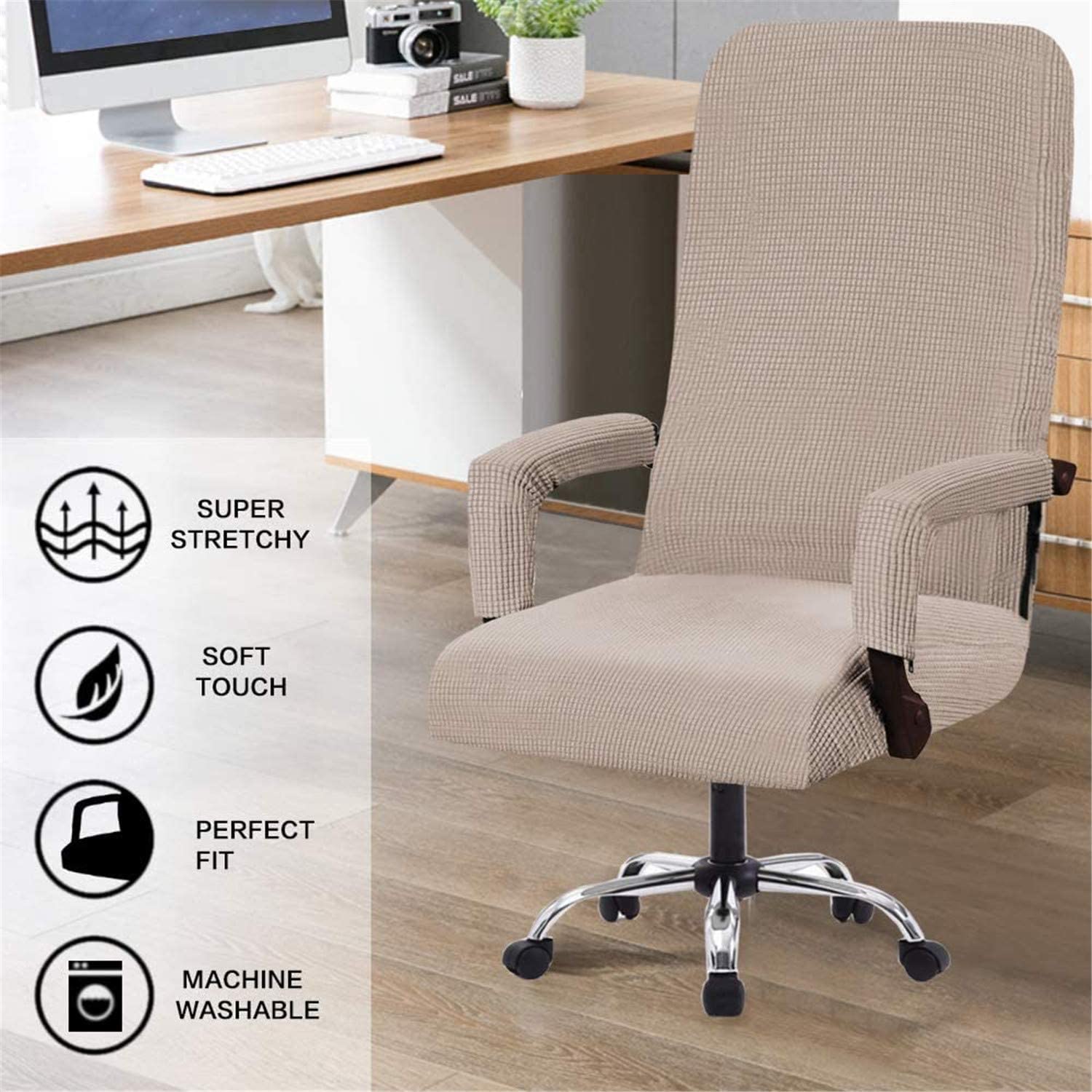 YYHSND Stretch Office Chair Cover - Universal Computer Chair Slipcover - High Back Contemporary Design - Thick Checked Jacquard Fabric with 2 Arm Covers (Sand, Medium) - Perfect for Home Office, Gaming Chair, and Workspace Decor